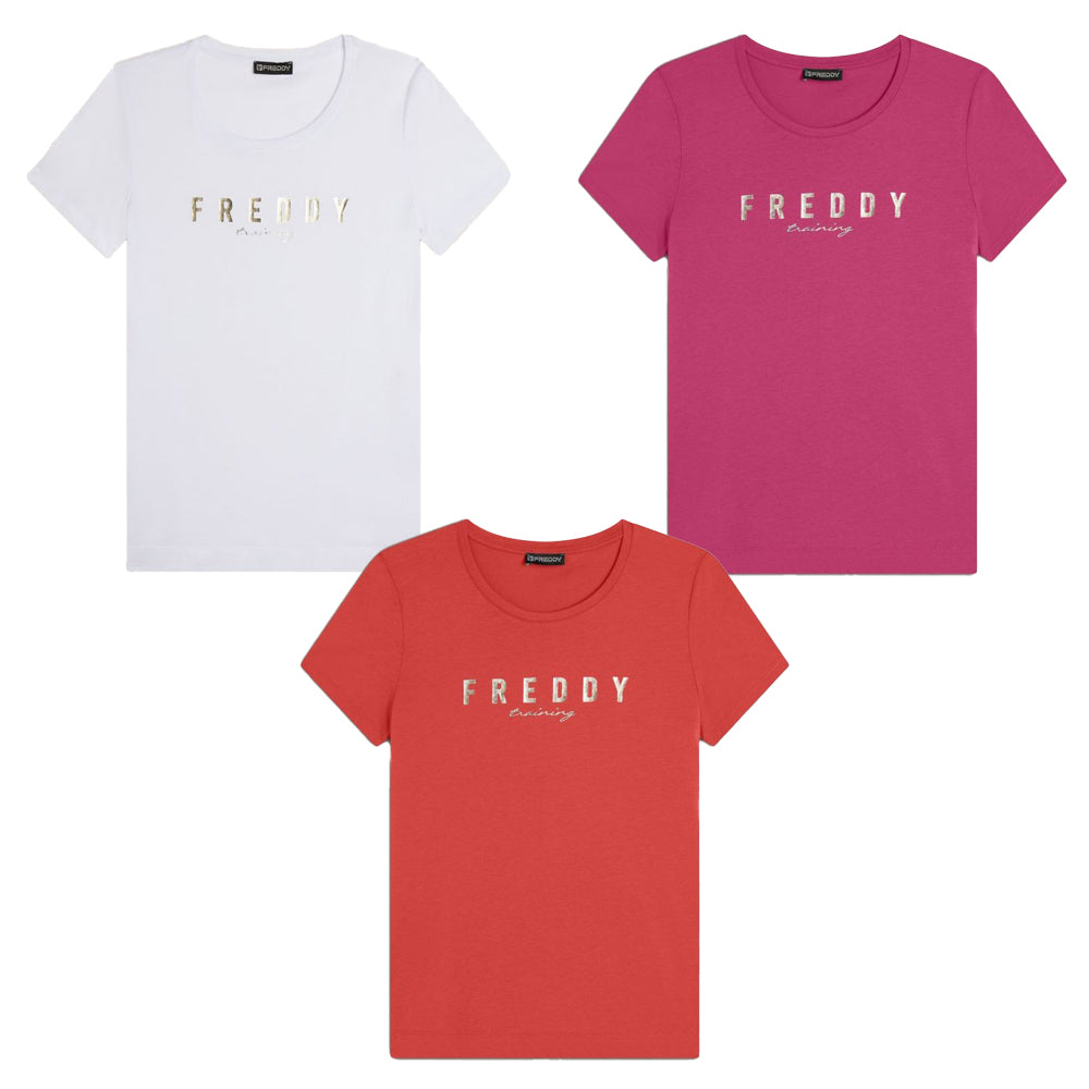 Freddy T-shirt in Jersey con Logo Oro Chiaro sul Fronte S25WTRT2