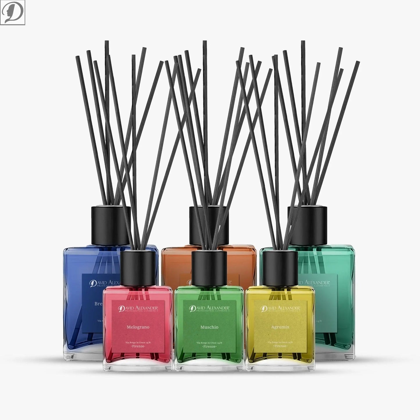 David Alexander Professional Cosmetics Kit Profumatori Con Bastoncini dì Bamboo Per Ambiente Brezza Marina, Orchidea E Vaniglia, Lavanda, Agrumi di Sicilia è Melograno