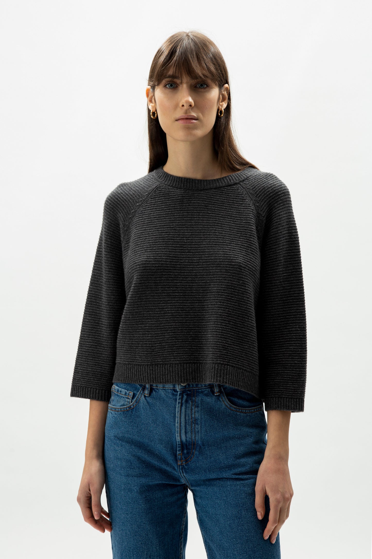 Cashmere Mix Cropped 3/4 Sleeve Pullover