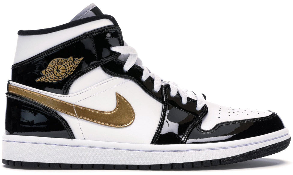 jordan 1 mid patent black white gold