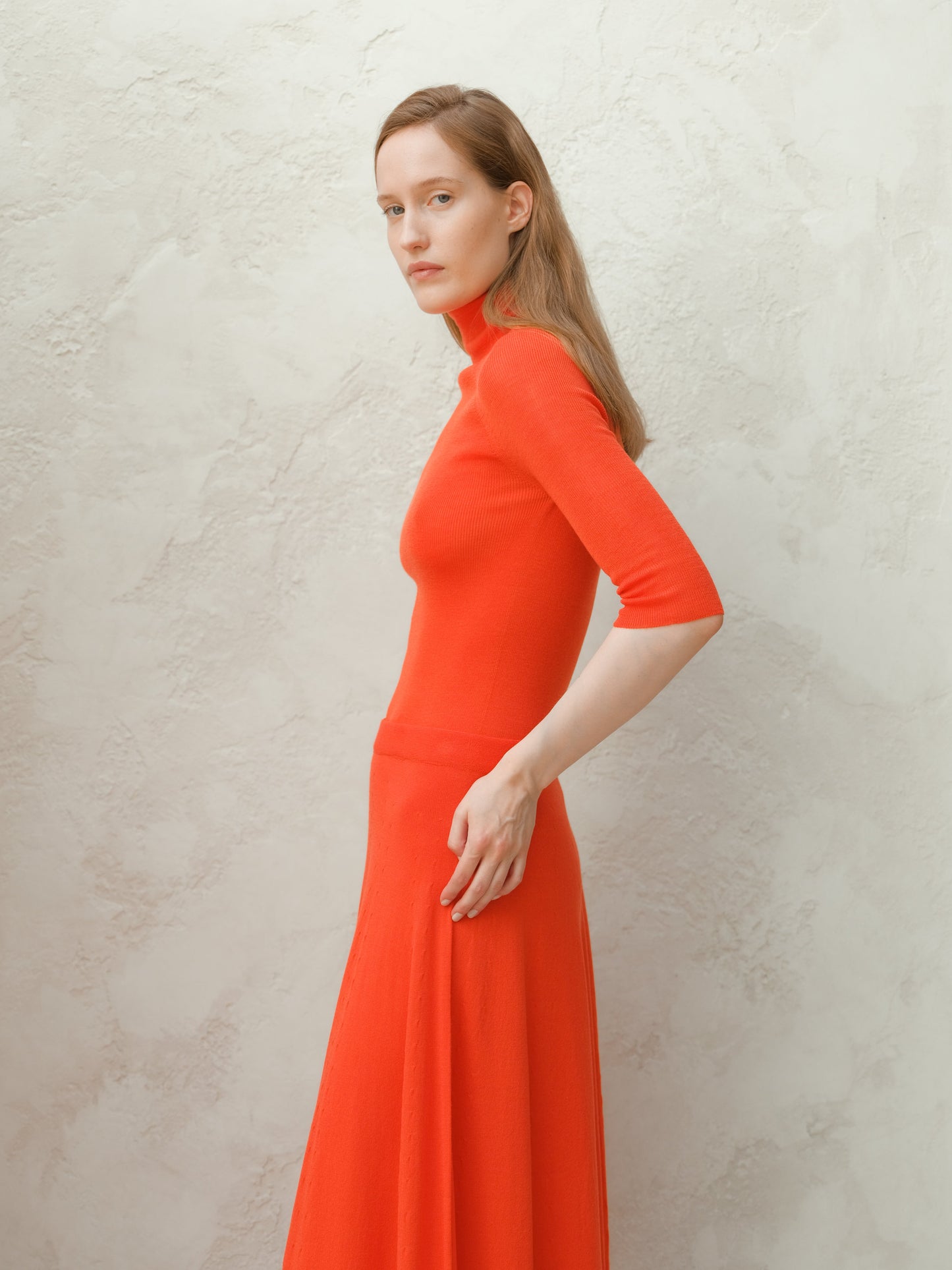 Extra Fine Merino Wool 3/4 Sleeve Ribbed Turtleneck  (3D-Knit)