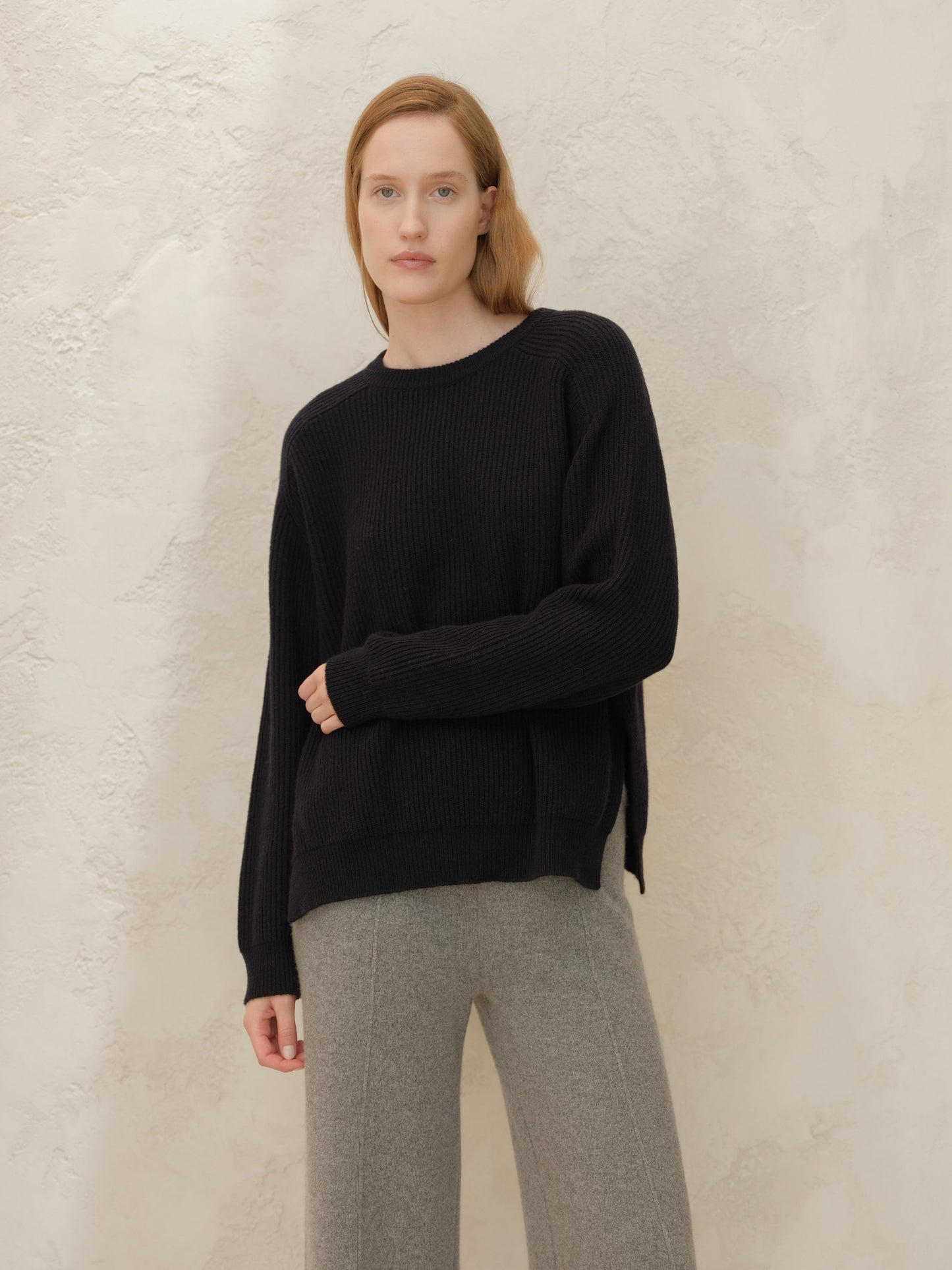 Cashmere Mix Crewneck Ribbed Sweater with Lateral Slits