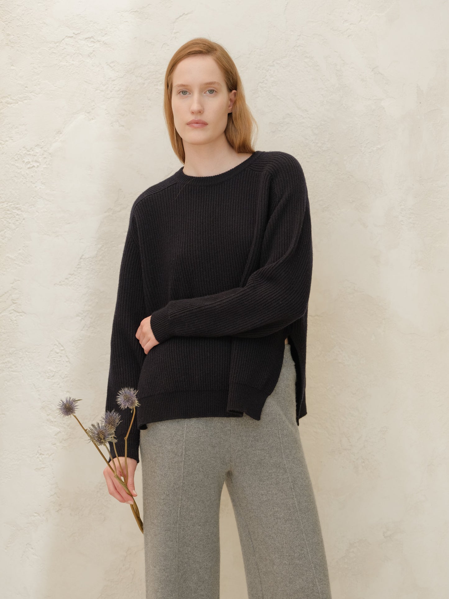 Cashmere Mix Crewneck Ribbed Sweater with Lateral Slits