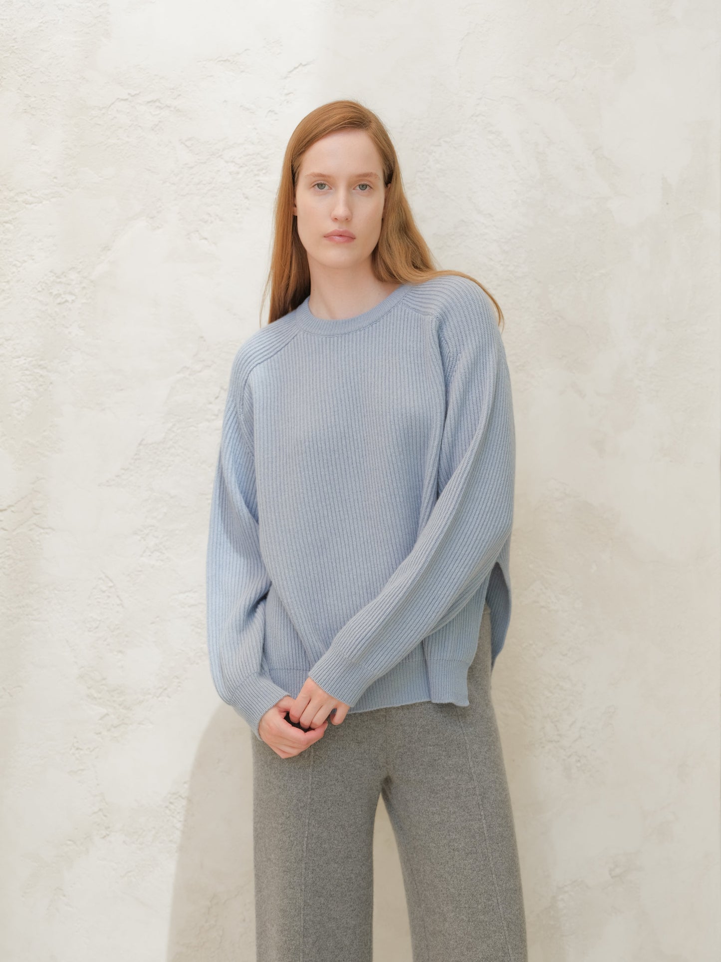 Cashmere Mix Crewneck Ribbed Sweater with Lateral Slits