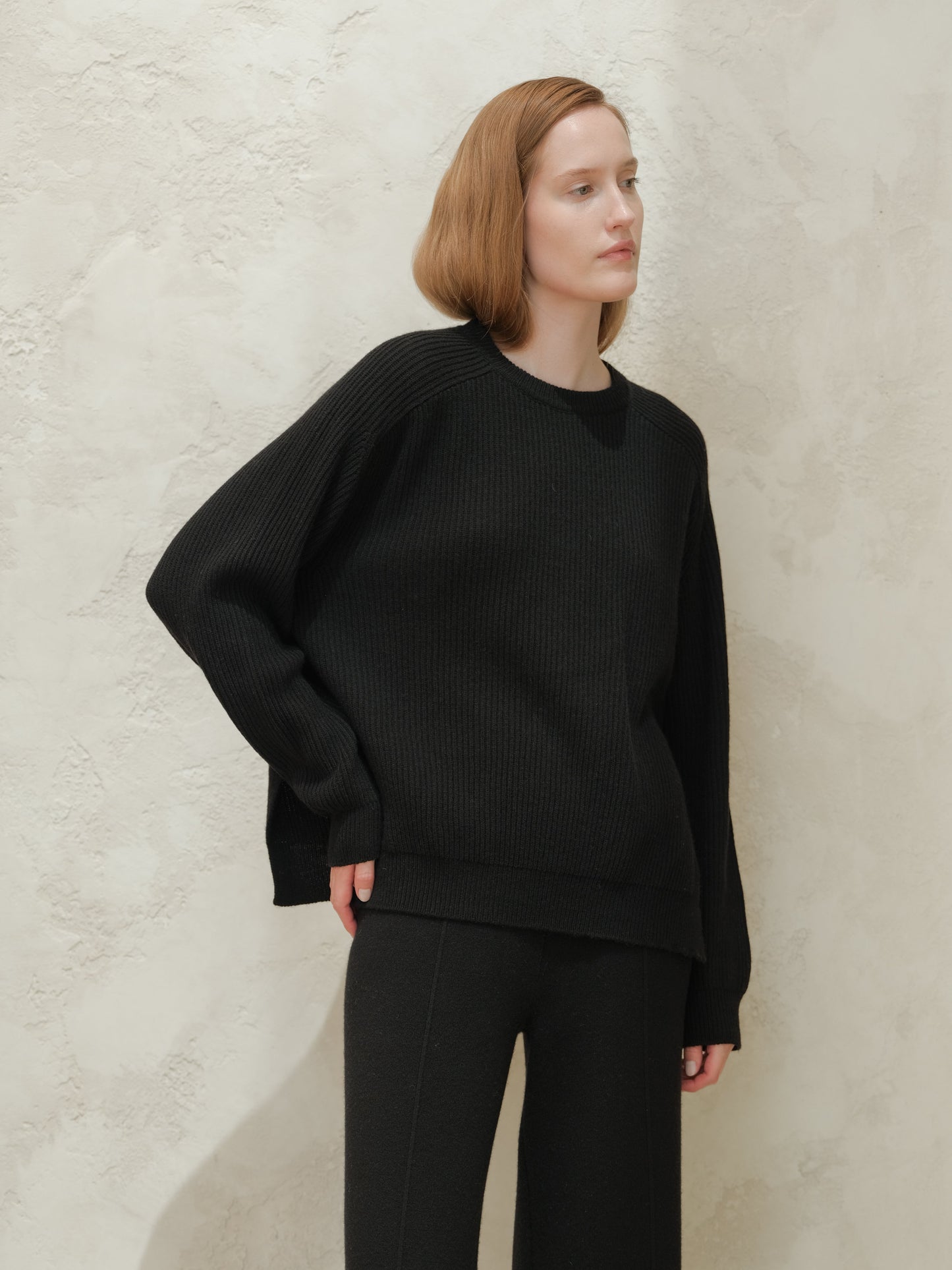 Cashmere Mix Crewneck Ribbed Sweater with Lateral Slits