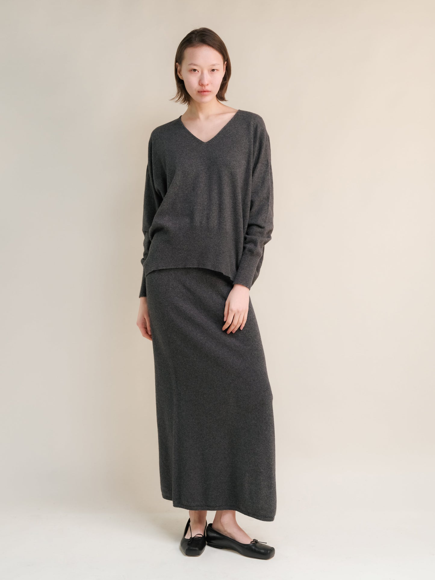 Cashmere Mix High-Waist Long Skirt With Side Slit (3D-knit)