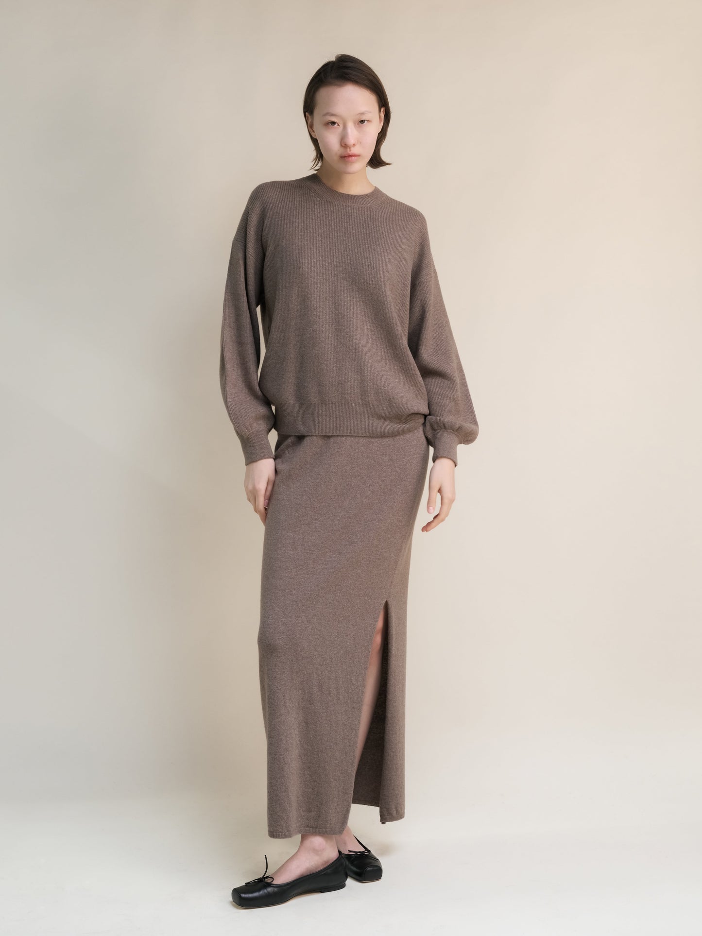 Cashmere Mix Ribbed Crewneck Sweater with Balloon Sleeves