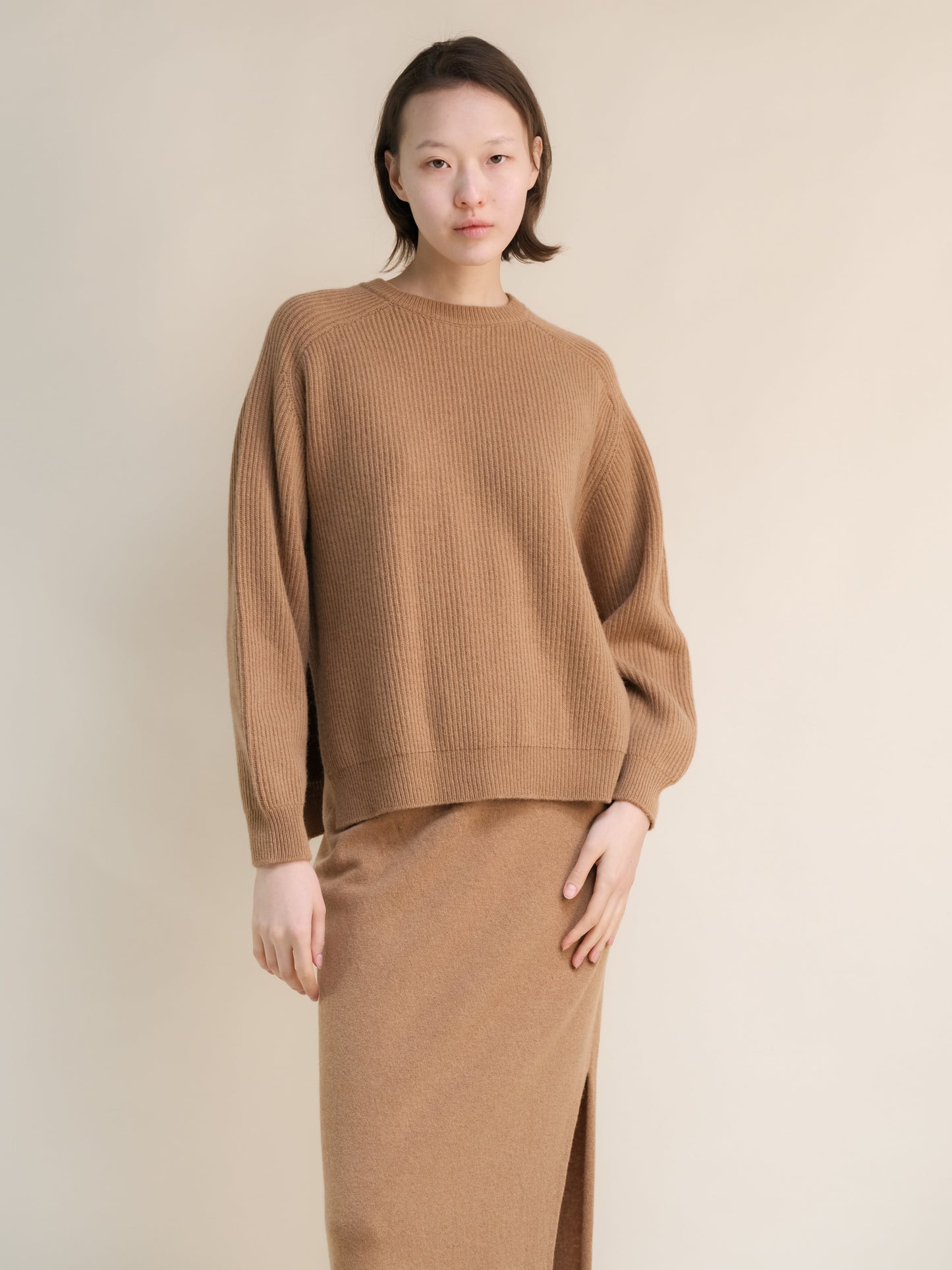 Cashmere Mix Crewneck Ribbed Sweater with Lateral Slits