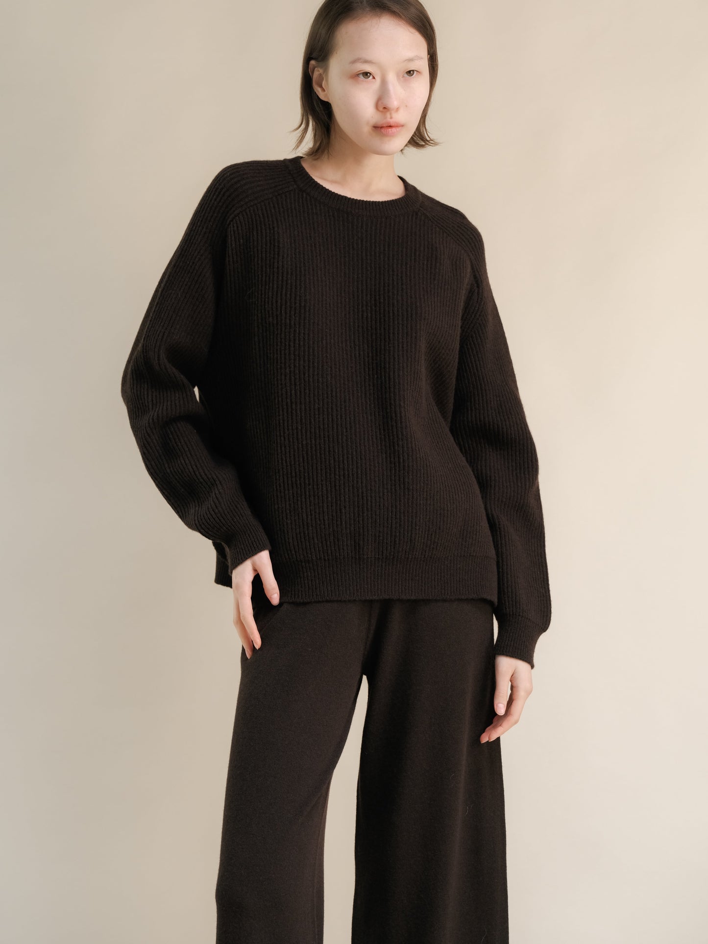 Cashmere Mix Crewneck Ribbed Sweater with Lateral Slits