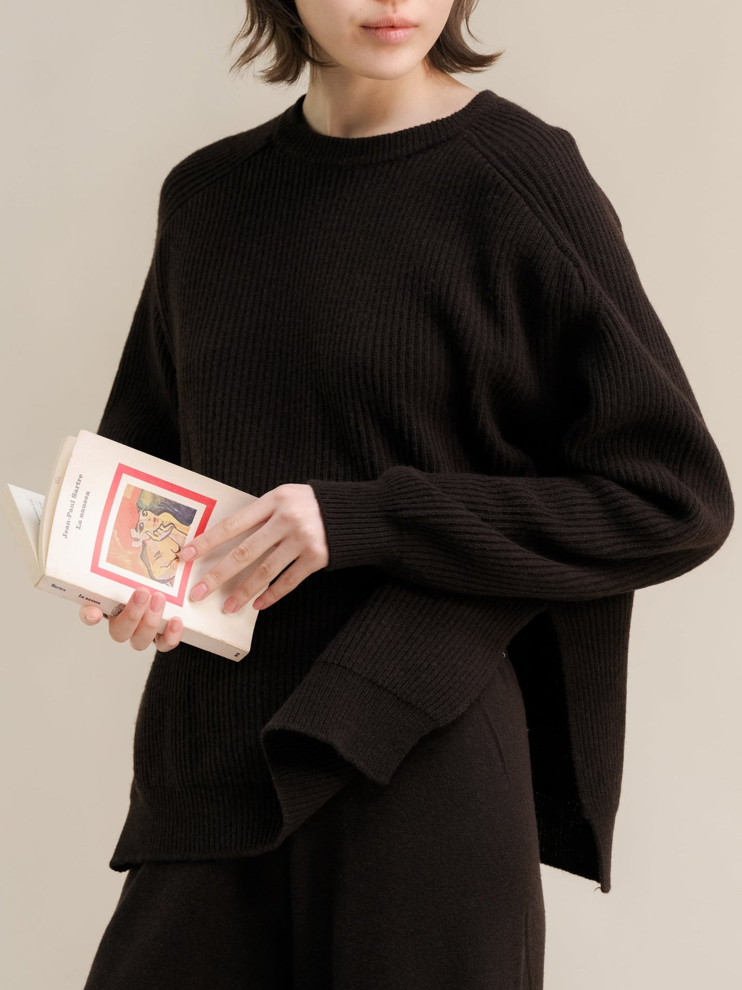 Cashmere Mix Crewneck Ribbed Sweater with Lateral Slits