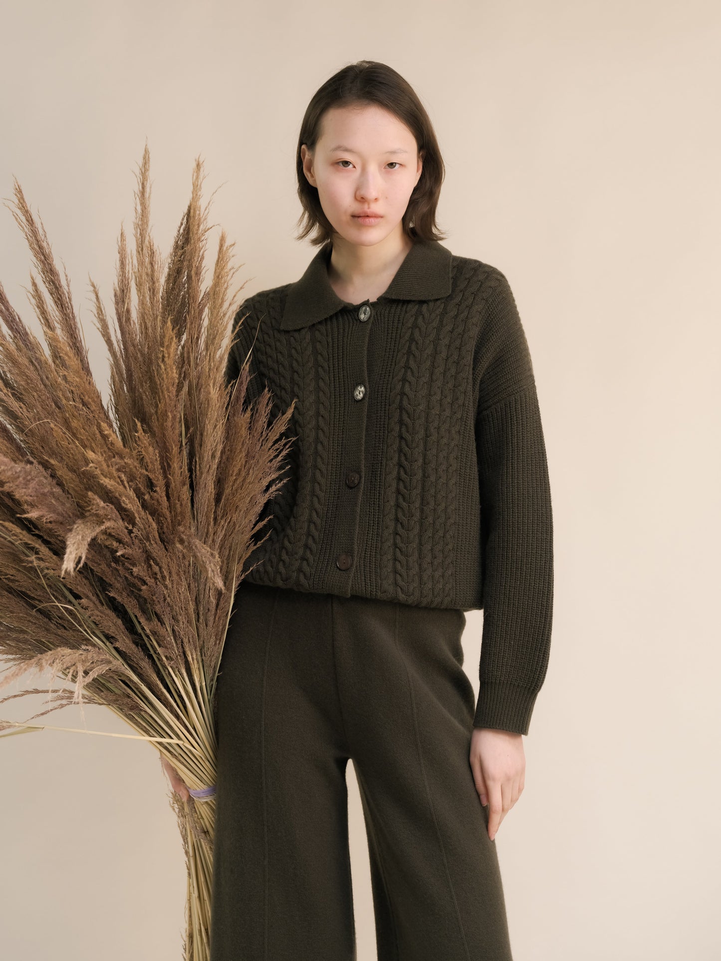 Cashmere Mix Cable Polo Cardigan