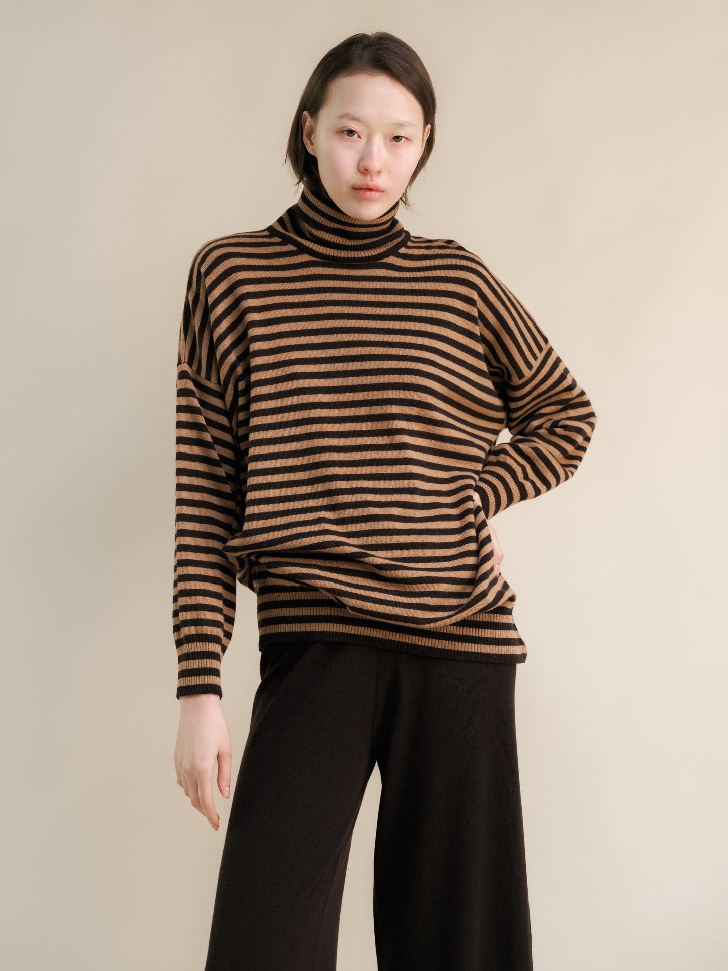 Cashmere Mix Oversized Striped Turtleneck Sweater