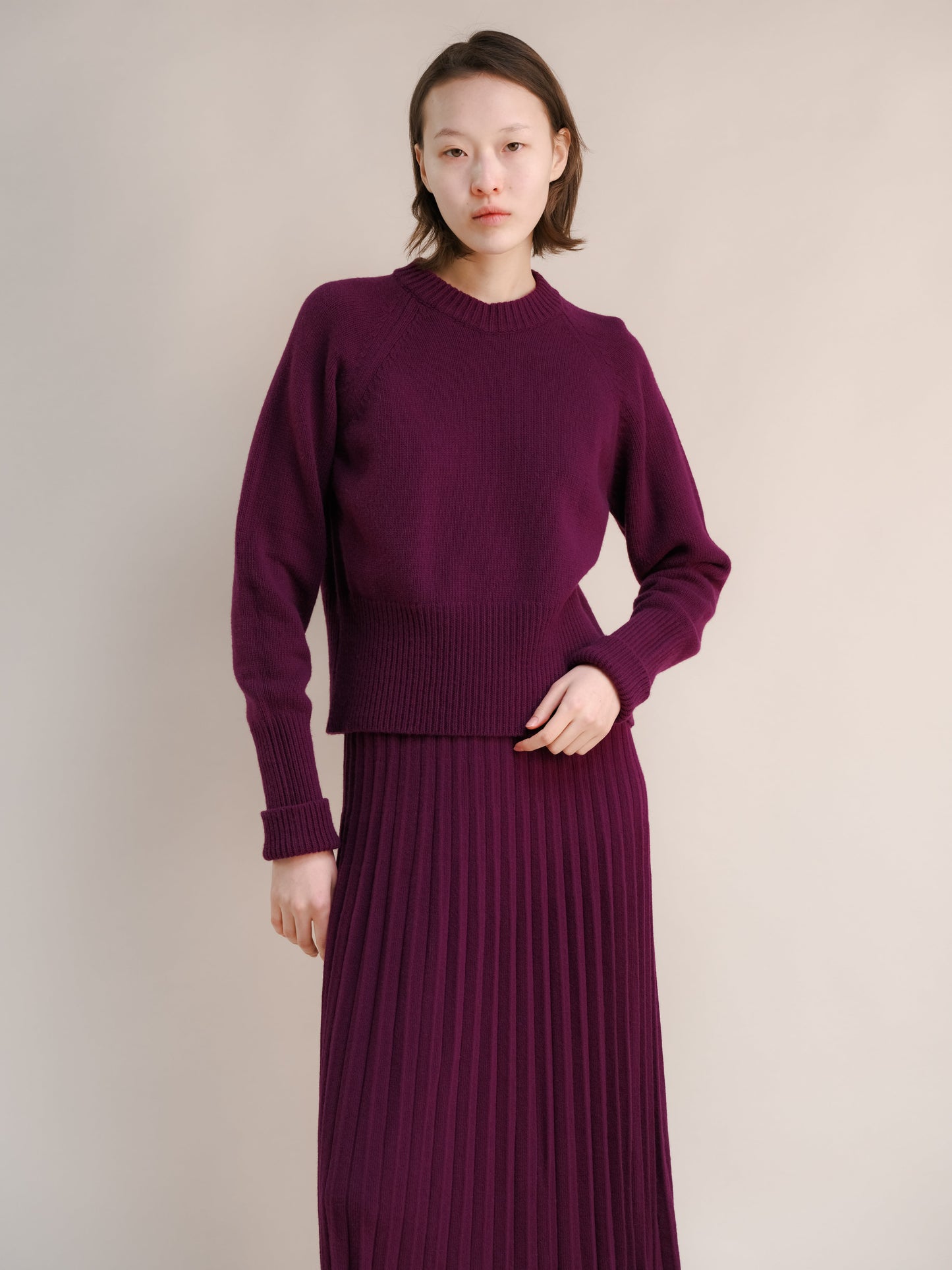 Cashmere Mix Roll-Up Cuff Crewneck Sweater