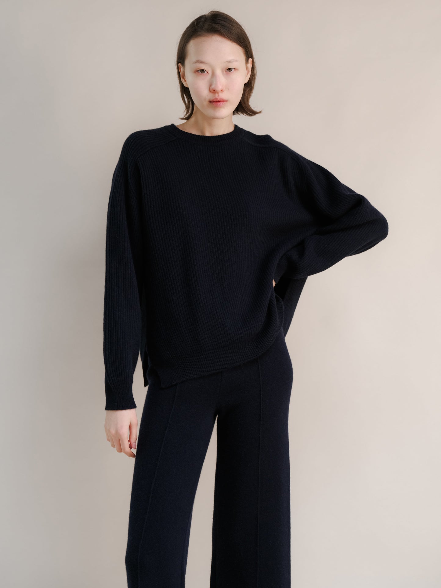 Cashmere Mix Crewneck Ribbed Sweater with Lateral Slits