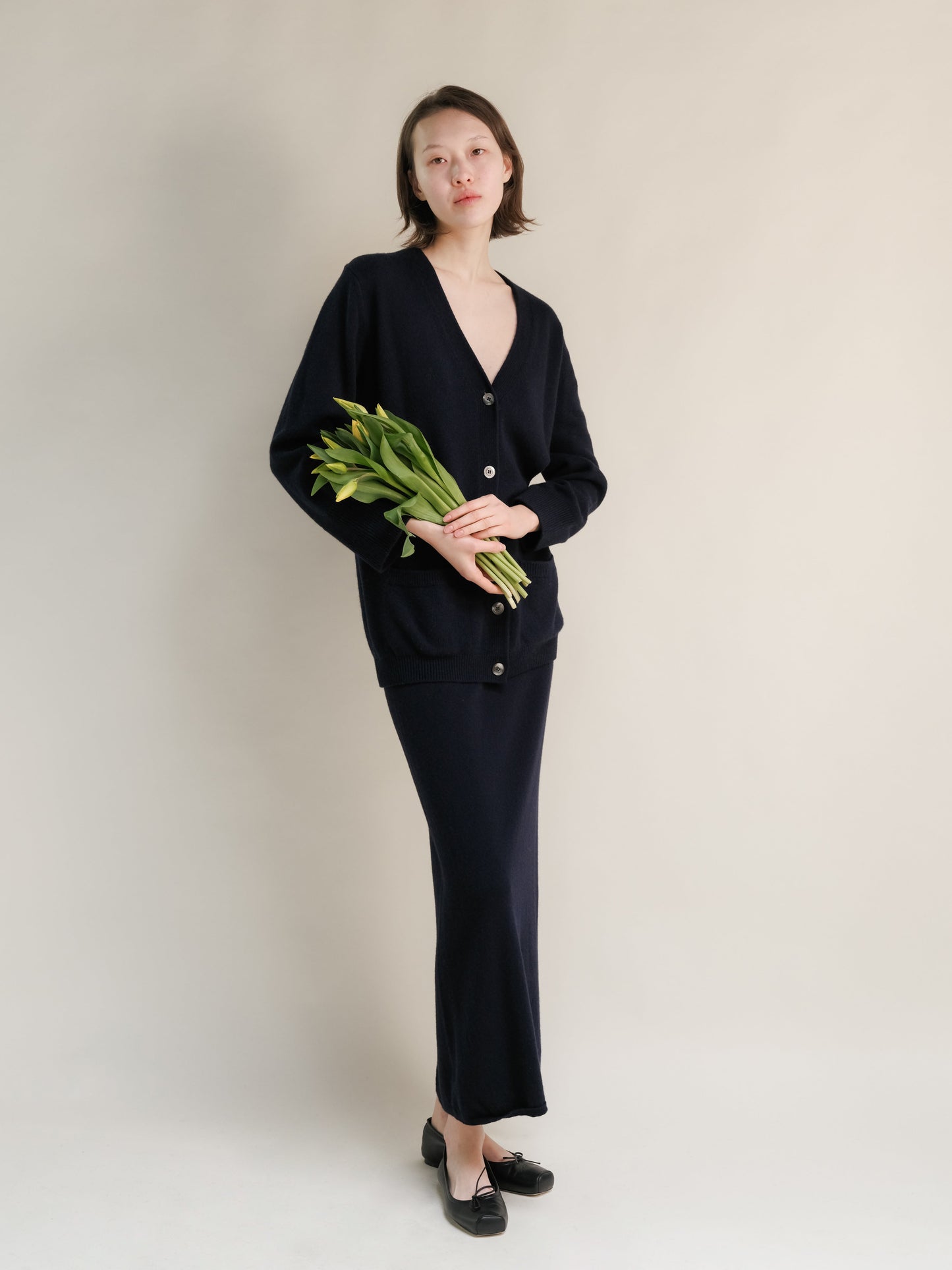 Cashmere Mix High-Waist Long Skirt With Side Slit (3D-knit)