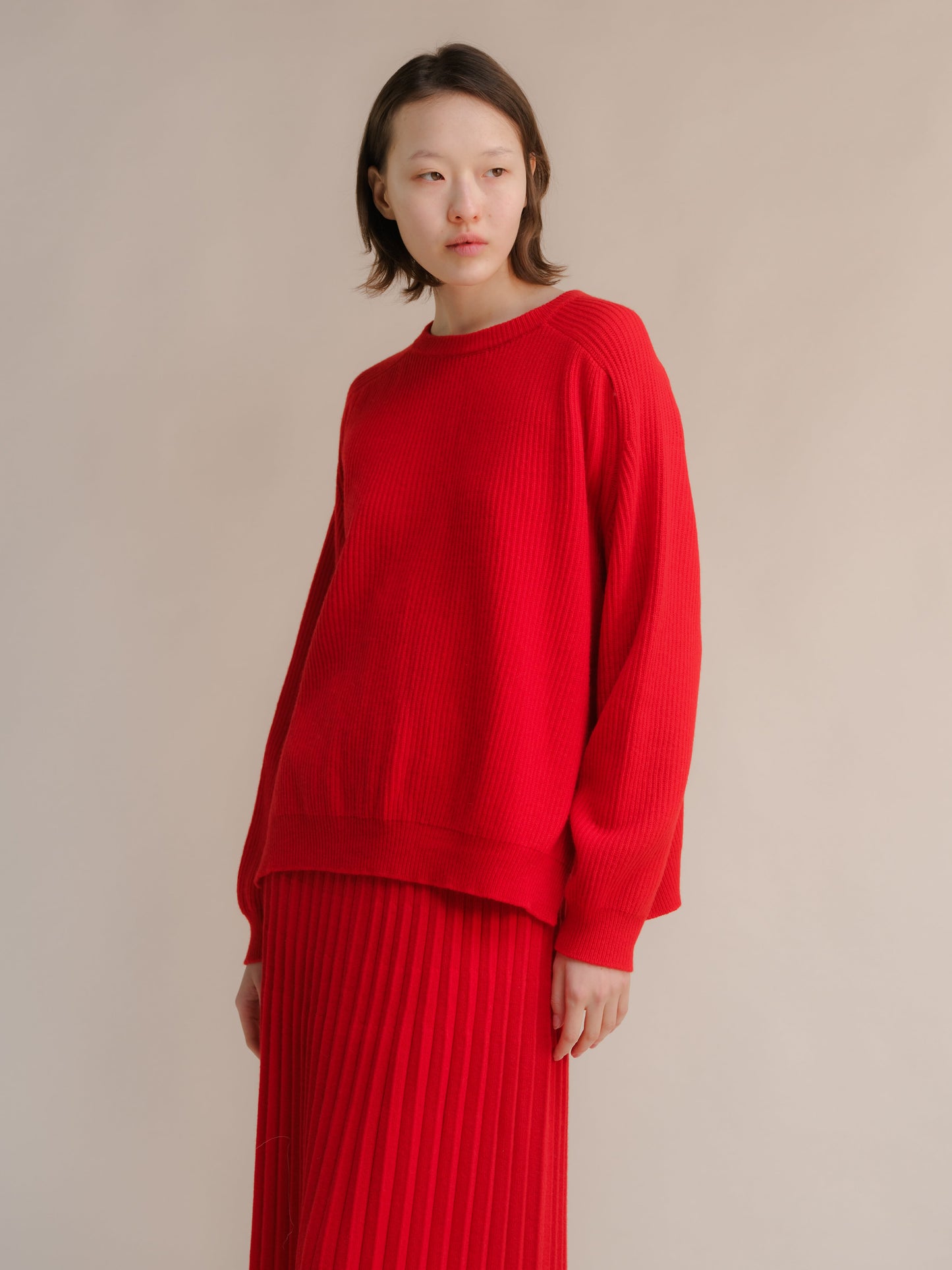 Cashmere Mix Crewneck Ribbed Sweater with Lateral Slits