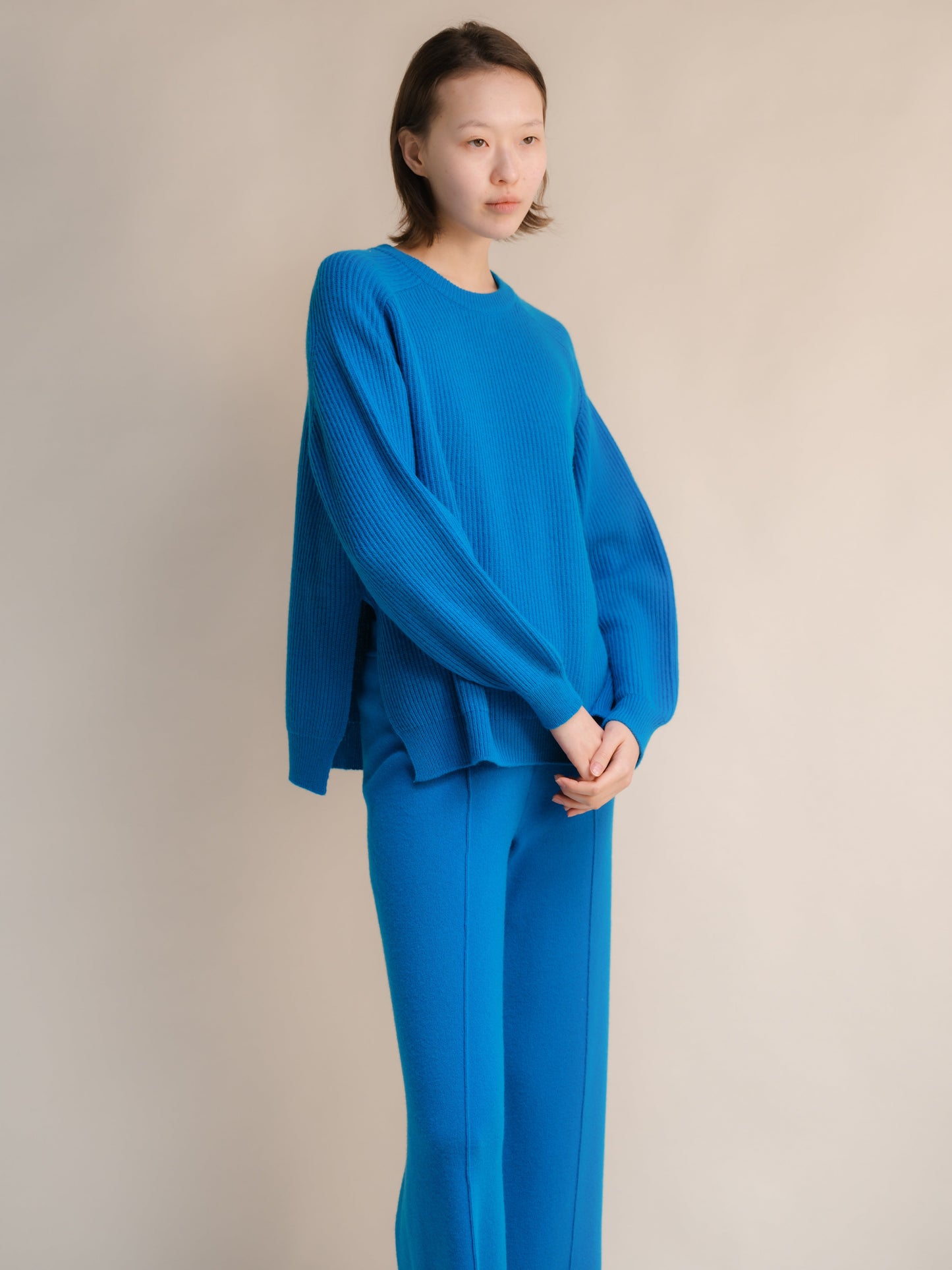 Cashmere Mix Crewneck Ribbed Sweater with Lateral Slits