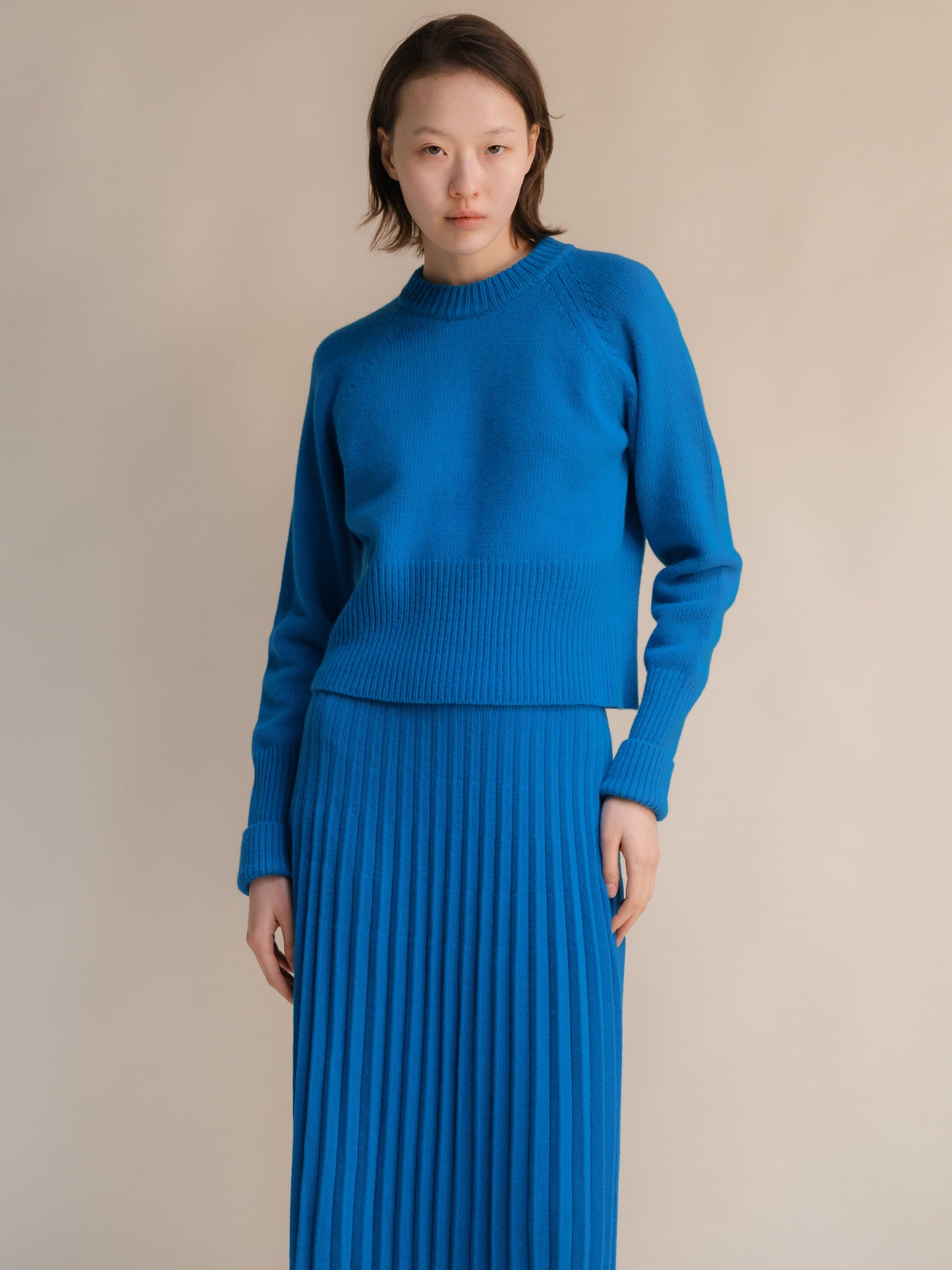 Cashmere Mix Roll-Up Cuff Crewneck Sweater