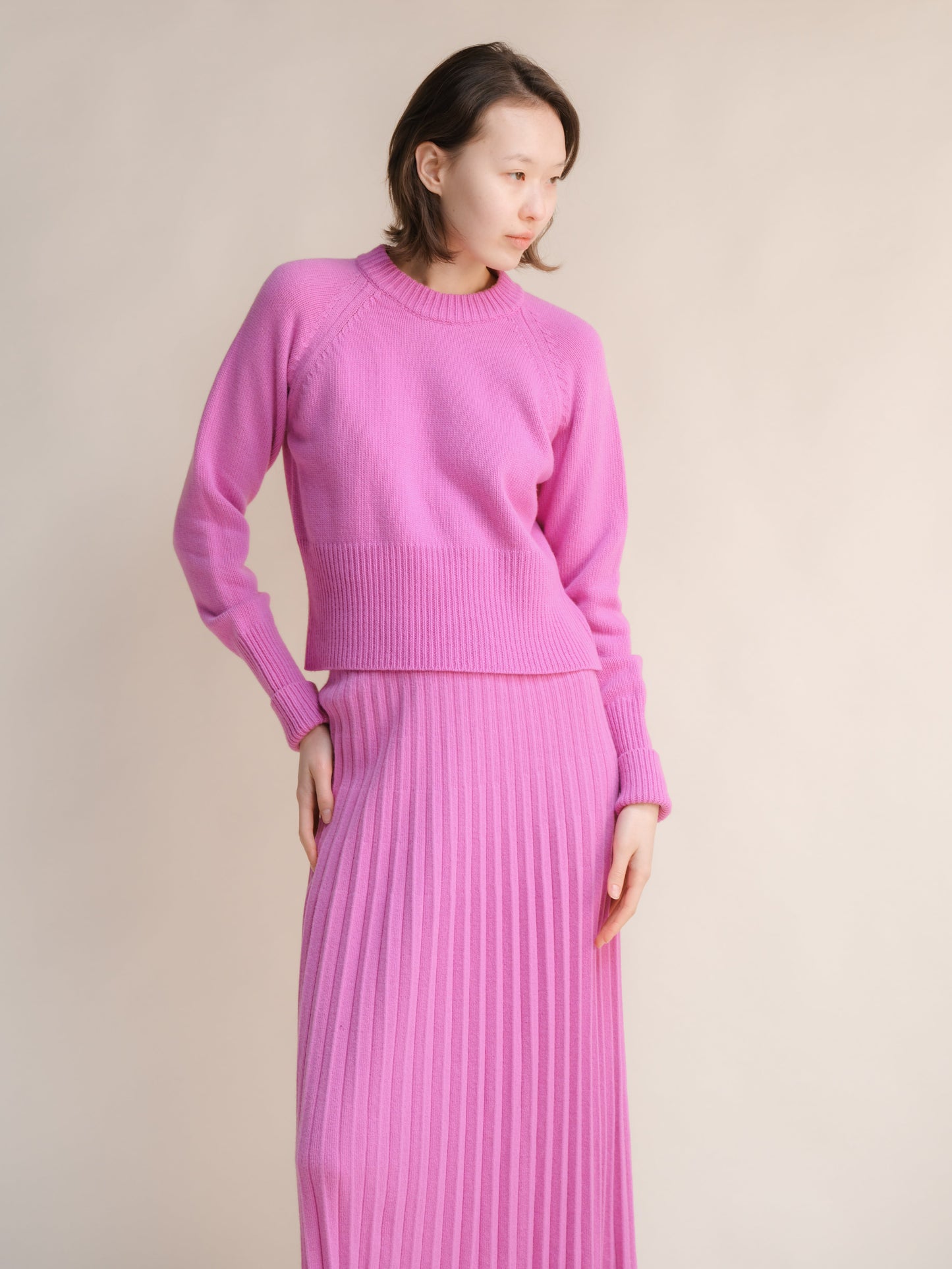 Cashmere Mix Roll-Up Cuff Crewneck Sweater