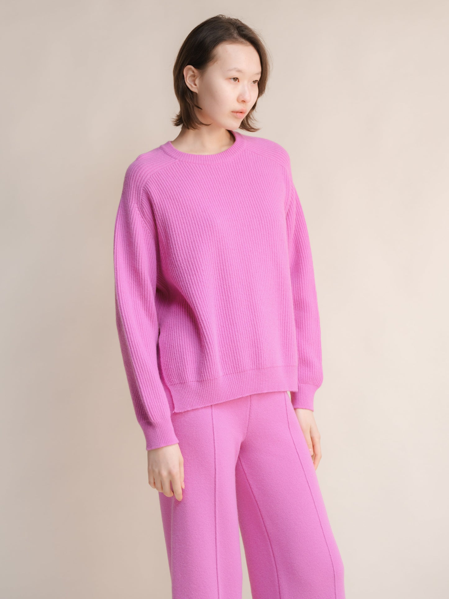 Cashmere Mix Crewneck Ribbed Sweater with Lateral Slits