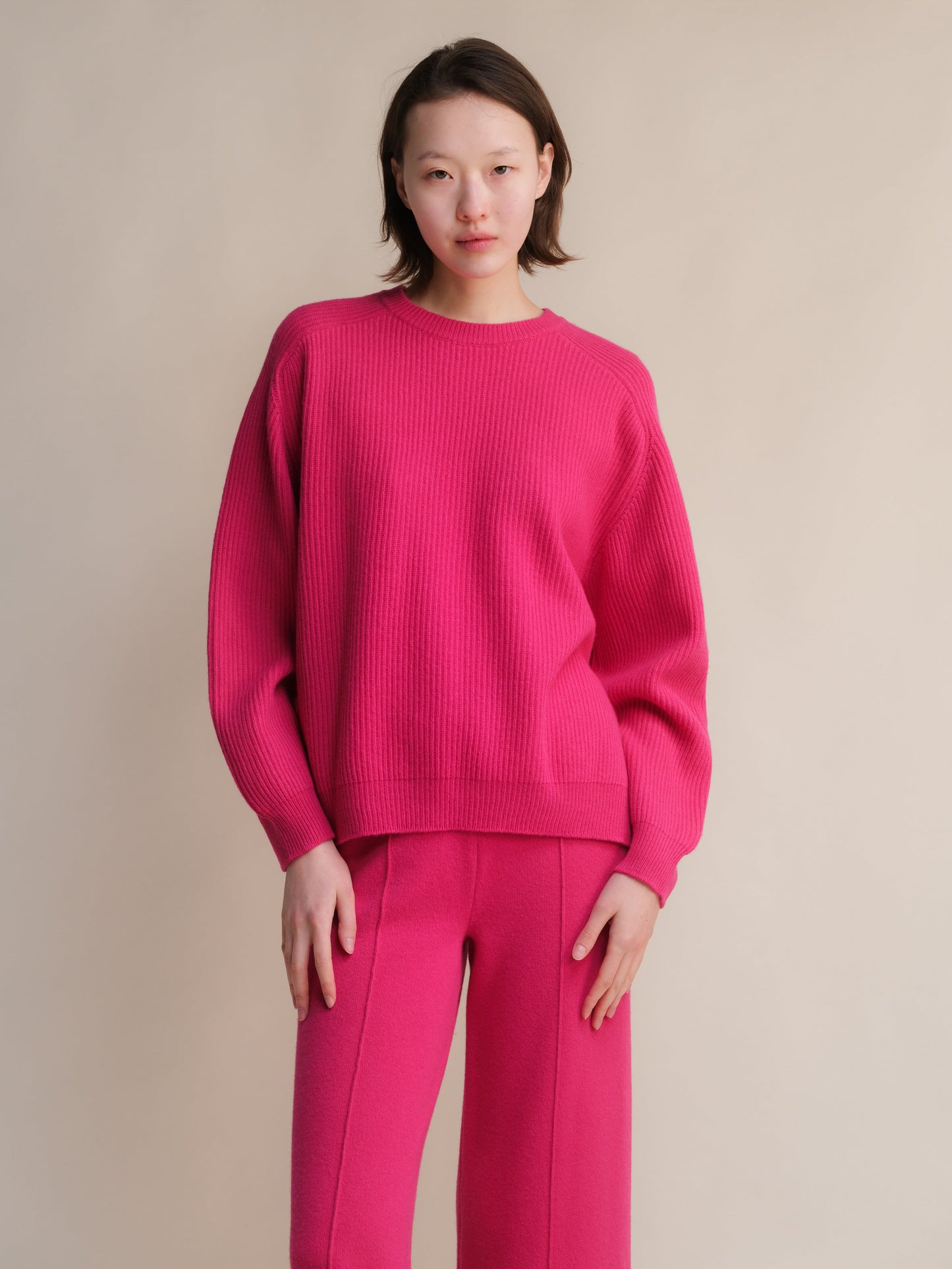 Cashmere Mix Crewneck Ribbed Sweater with Lateral Slits
