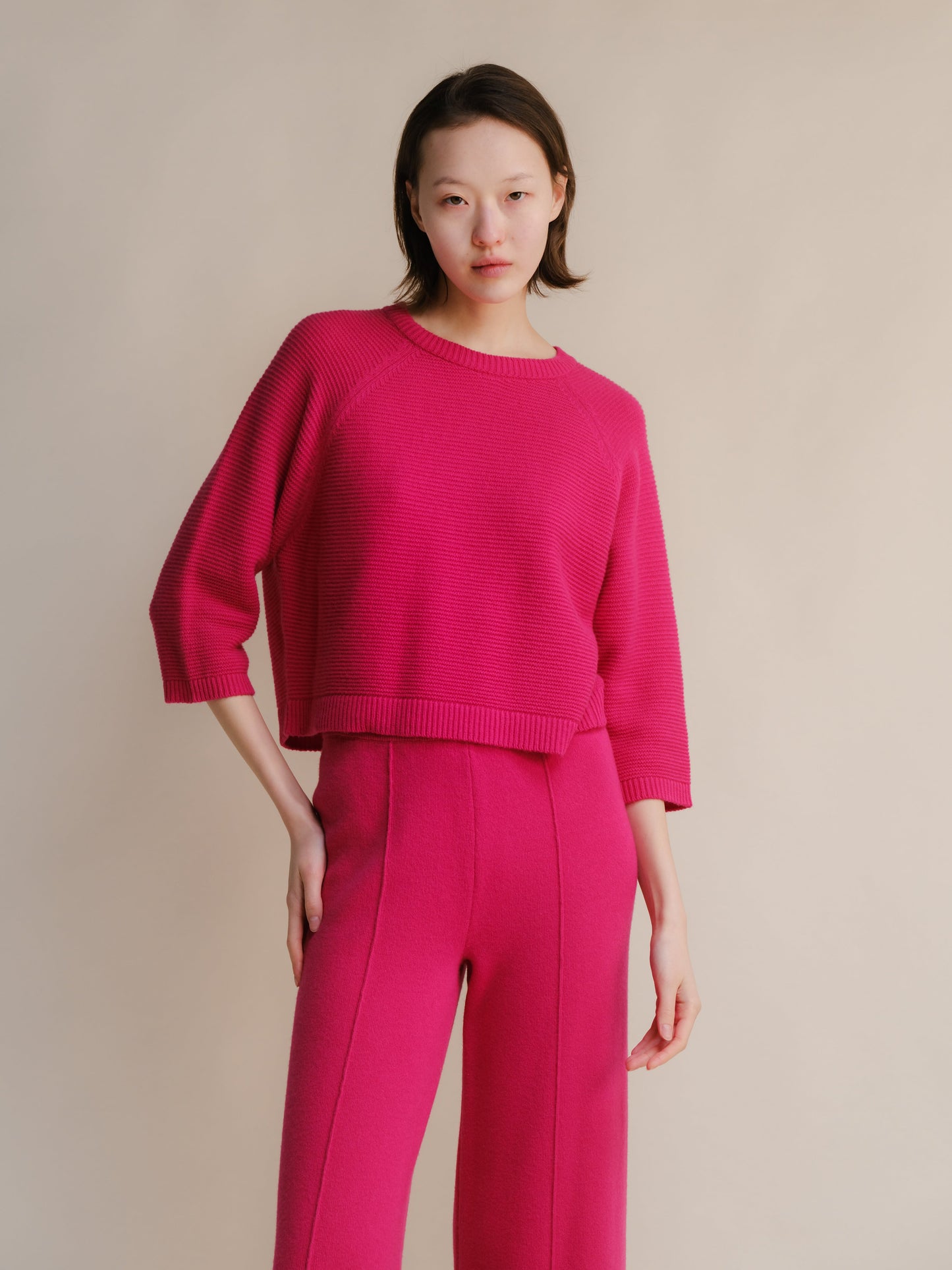 Cashmere Mix Cropped 3/4 Sleeve Pullover