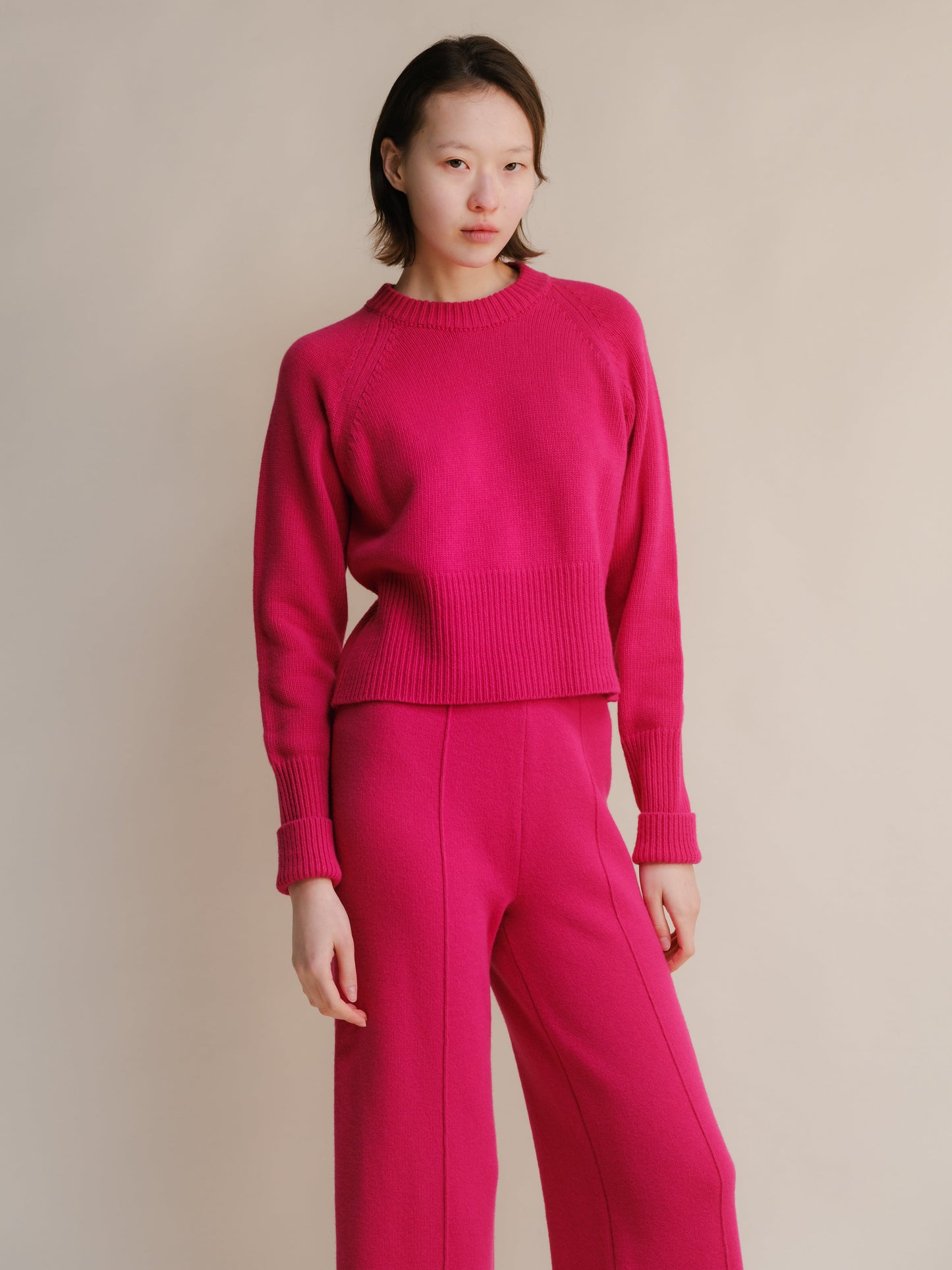 Cashmere Mix Roll-Up Cuff Crewneck Sweater
