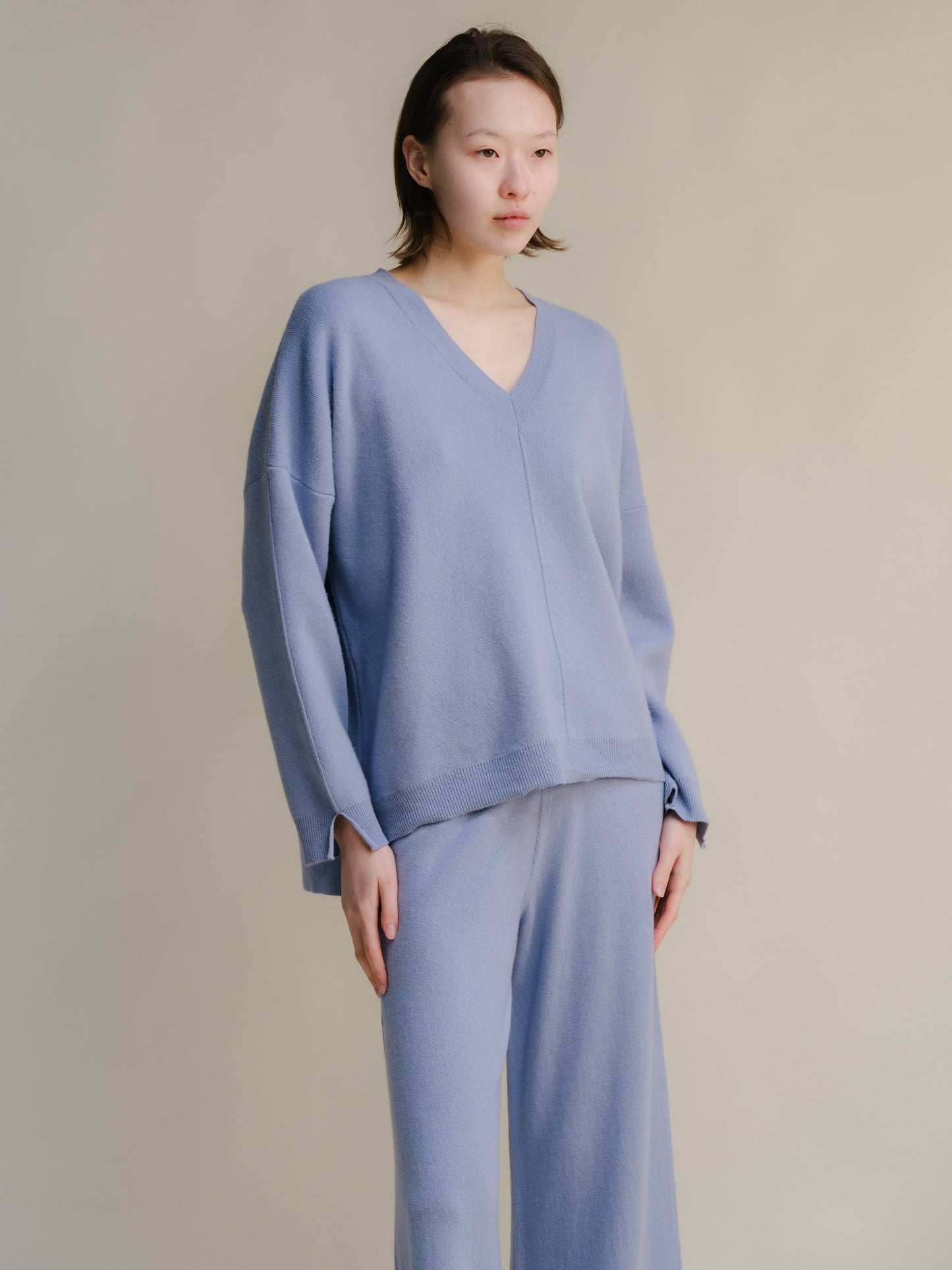 Cashmere Mix Solid Maxi V Neck with Side Slits