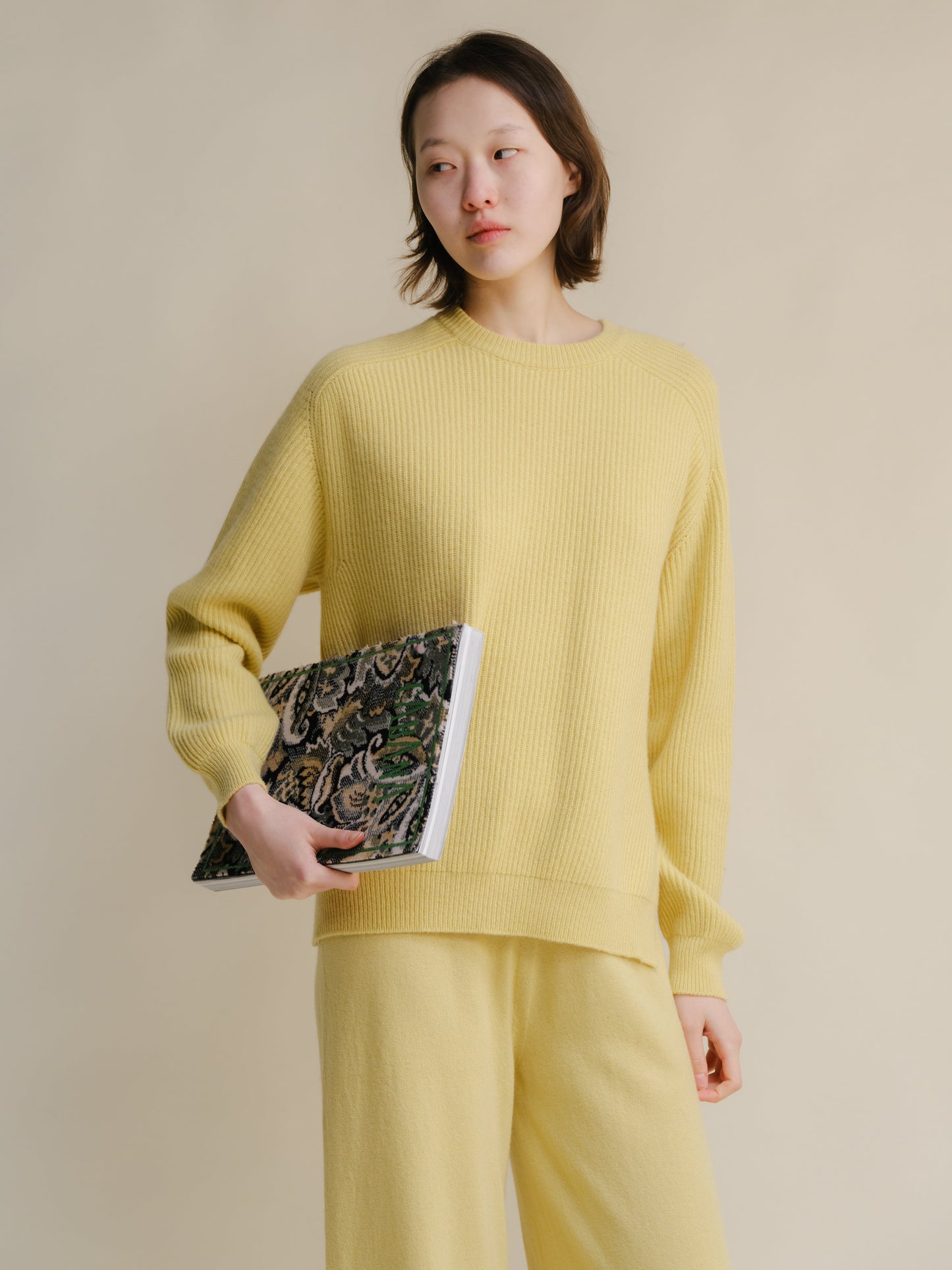 Cashmere Mix Crewneck Ribbed Sweater with Lateral Slits