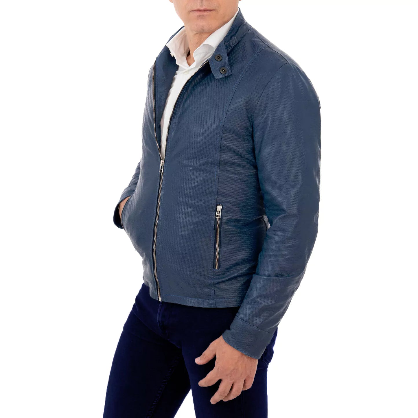Giacca Biker In Vera Pelle Blu Medio Uomo Slim Cuciture Frontali Rindway