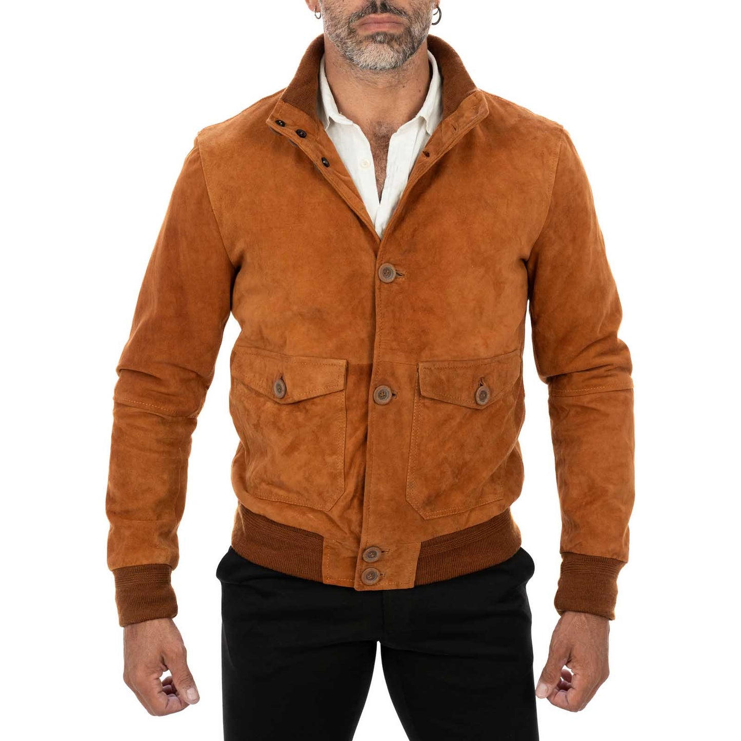 Giacca Bomber In Vera Pelle Camoscio Bruciato Uomo Slim Con Bottoni E Tasconi Rindway