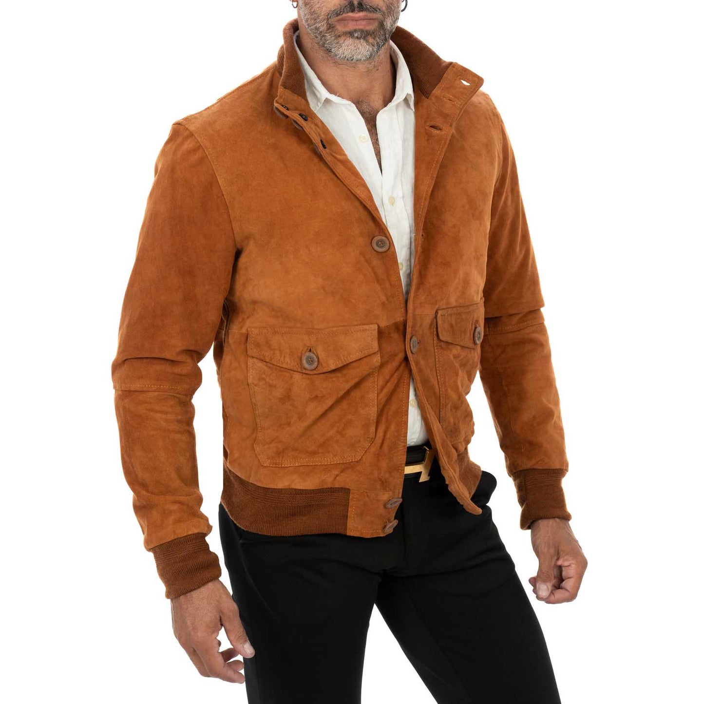 Giacca Bomber In Vera Pelle Camoscio Bruciato Uomo Slim Con Bottoni E Tasconi Rindway