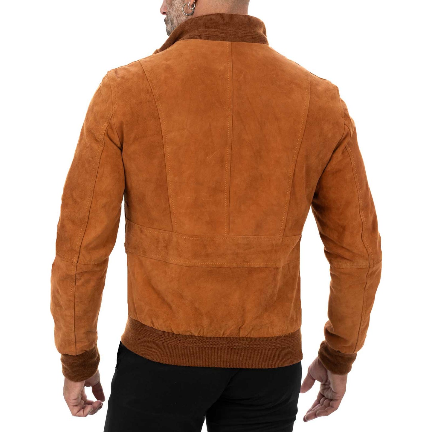 Giacca Bomber In Vera Pelle Camoscio Bruciato Uomo Slim Con Bottoni E Tasconi Rindway