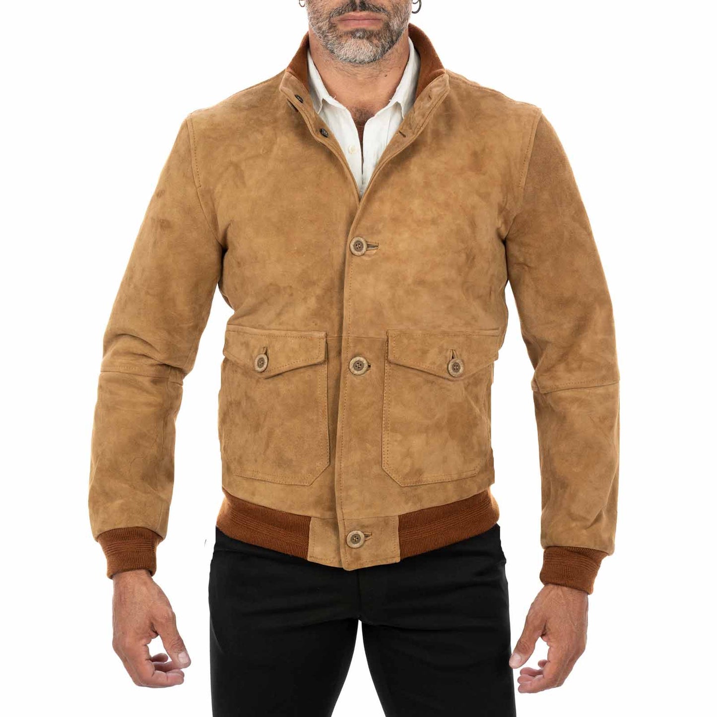 Giacca Bomber In Vera Pelle Camoscio Tortora Uomo Slim Con Bottoni E Tasconi Rindway