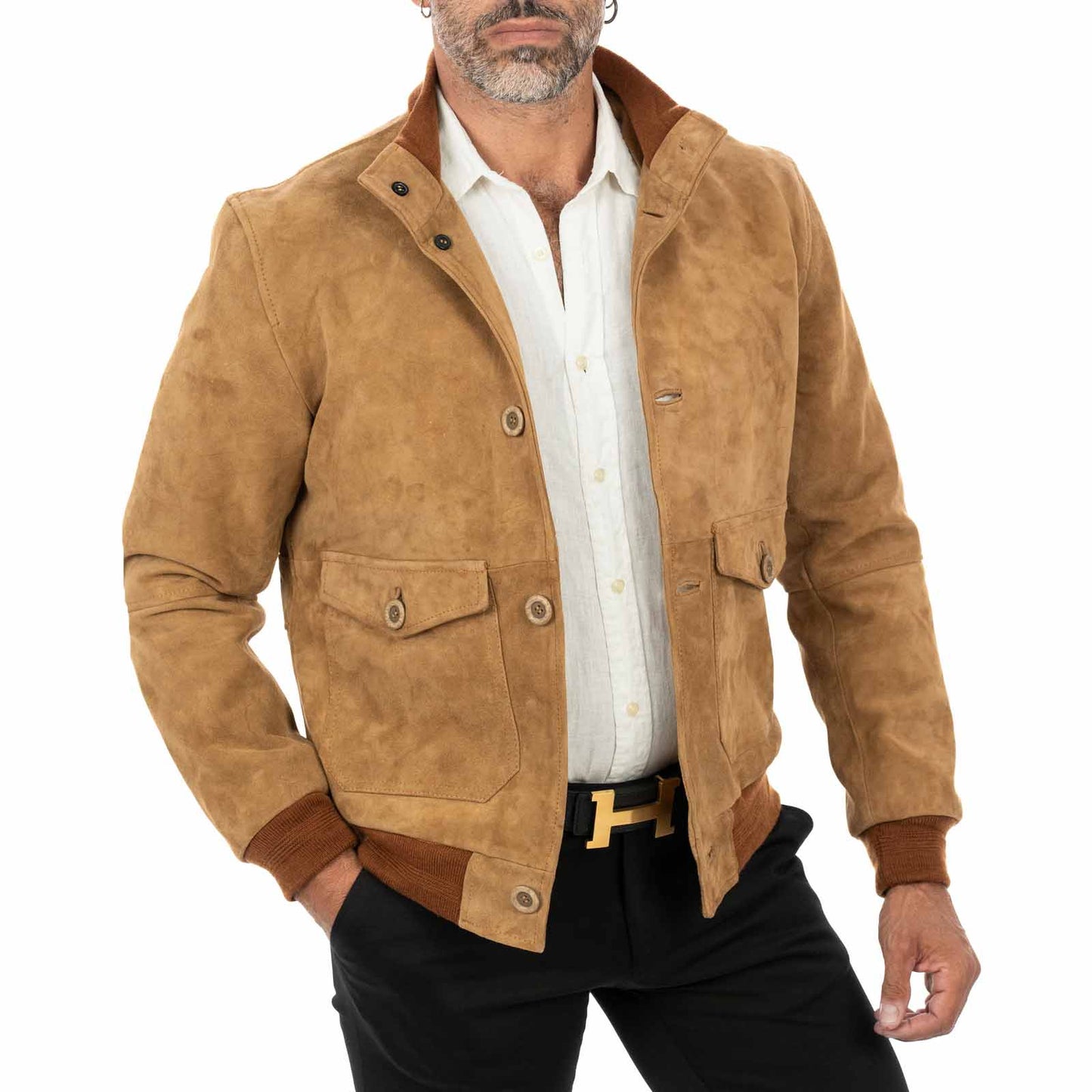 Giacca Bomber In Vera Pelle Camoscio Tortora Uomo Slim Con Bottoni E Tasconi Rindway