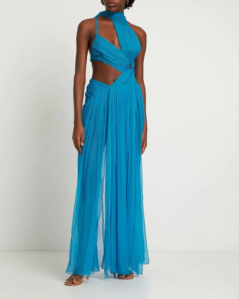 Sapphire Halter Neck Backless Front Slit Evening Beach Dress