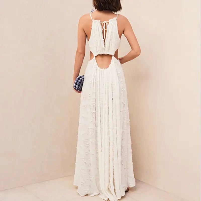 Ravishing White Ruched Cutout Maxi Dress