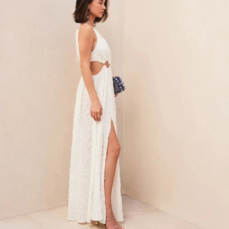 Ravishing White Ruched Cutout Maxi Dress