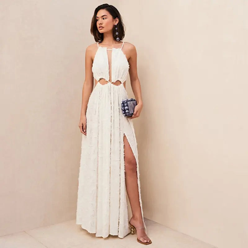 Ravishing White Ruched Cutout Maxi Dress