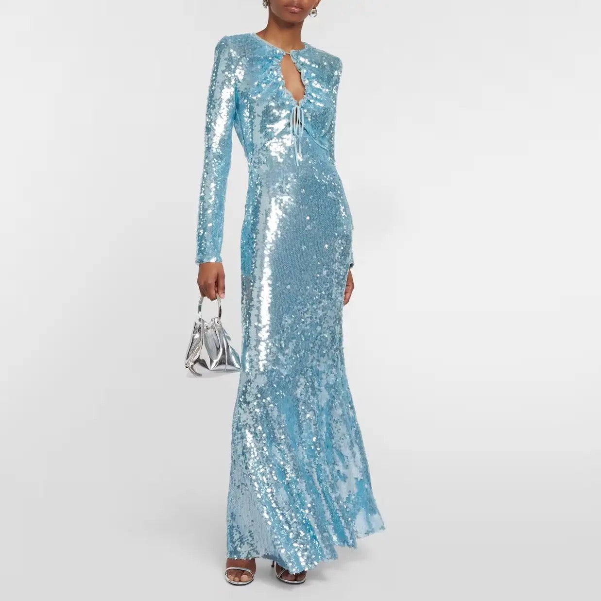 Elegant Long Sleeve Sequin Cutout Maxi Party Dress