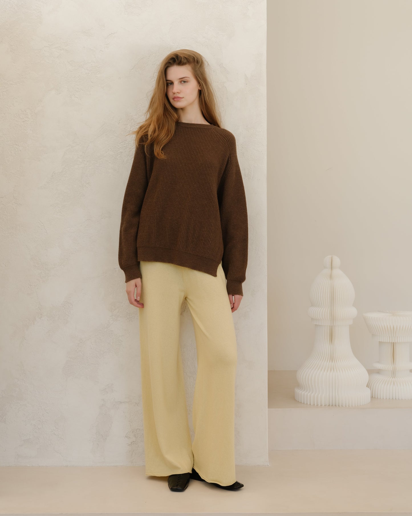 Cashmere Mix Crewneck Ribbed Sweater with Lateral Slits