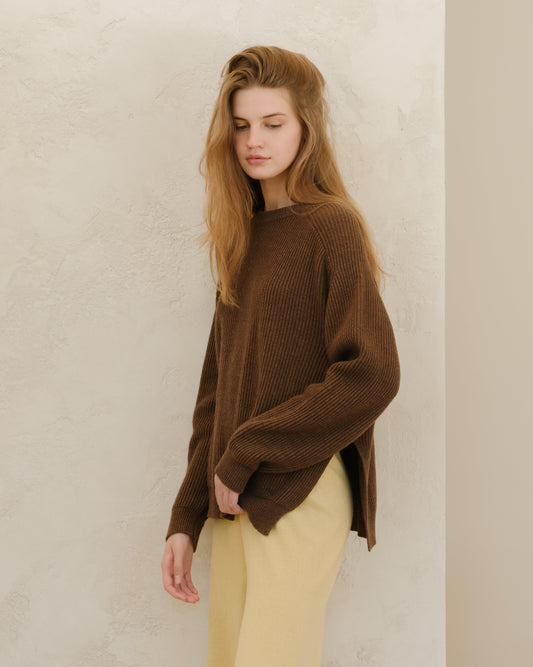 Cashmere Mix Crewneck Ribbed Sweater with Lateral Slits