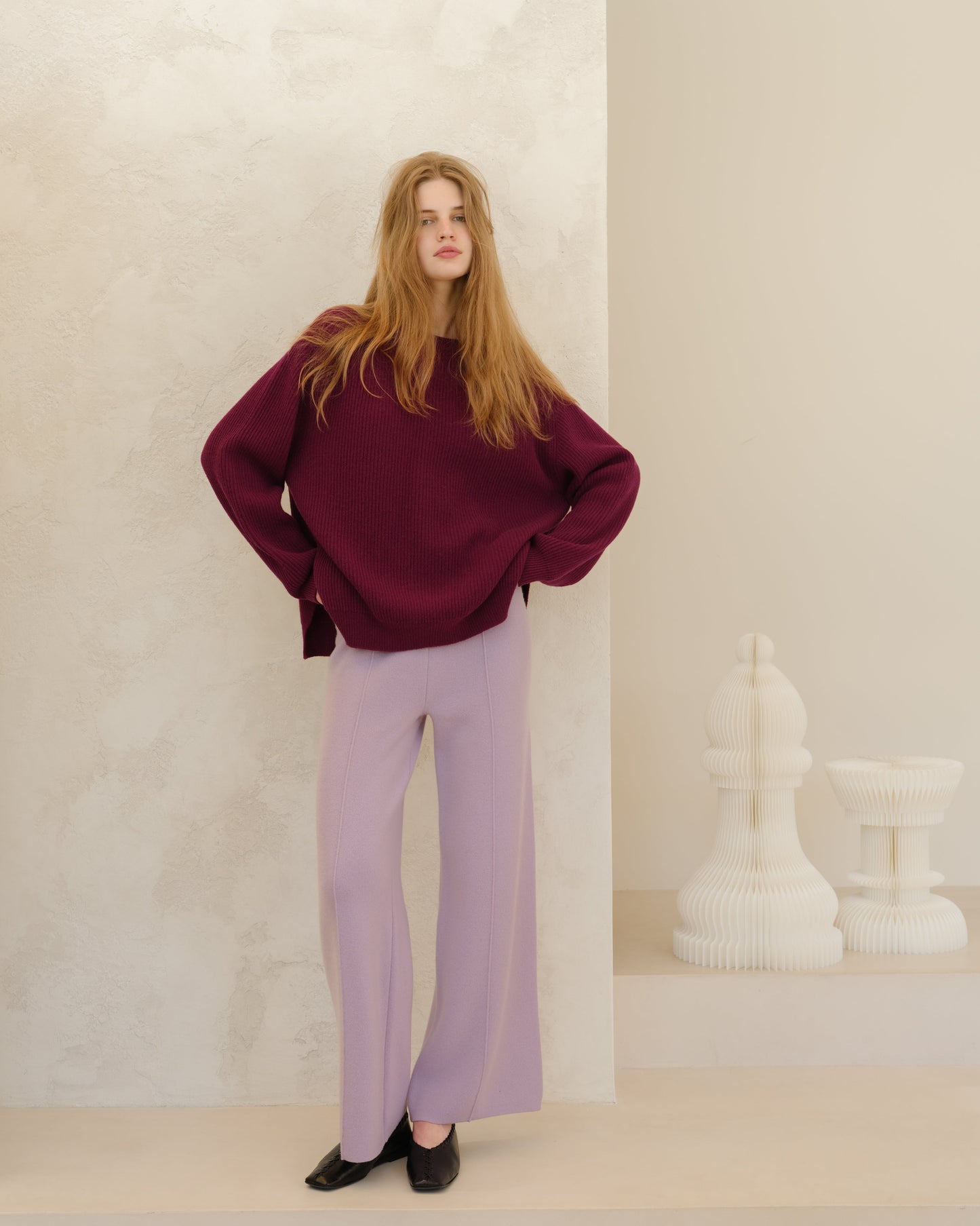 Cashmere Mix Crewneck Ribbed Sweater with Lateral Slits