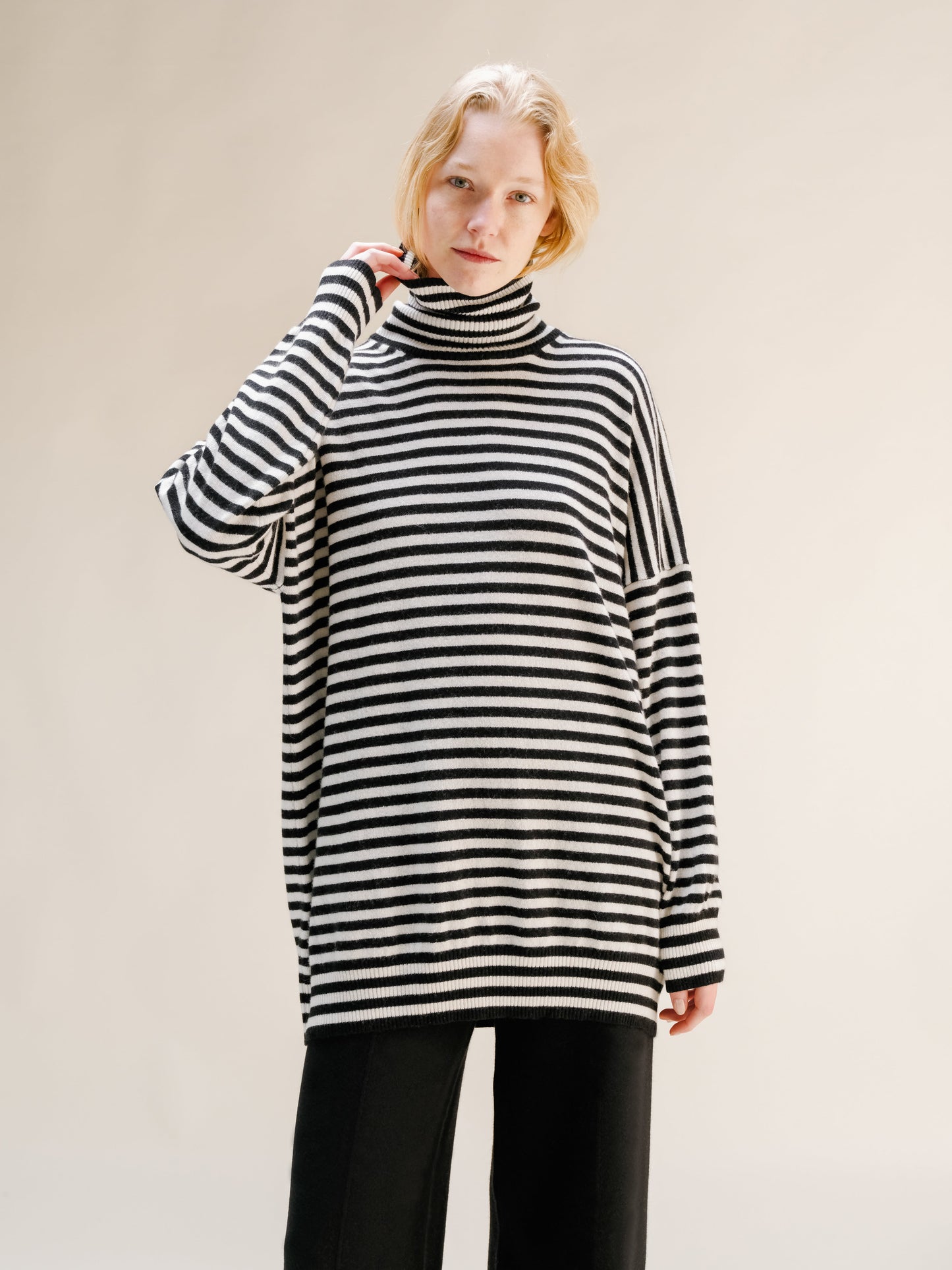 Cashmere Mix Oversized Striped Turtleneck Sweater