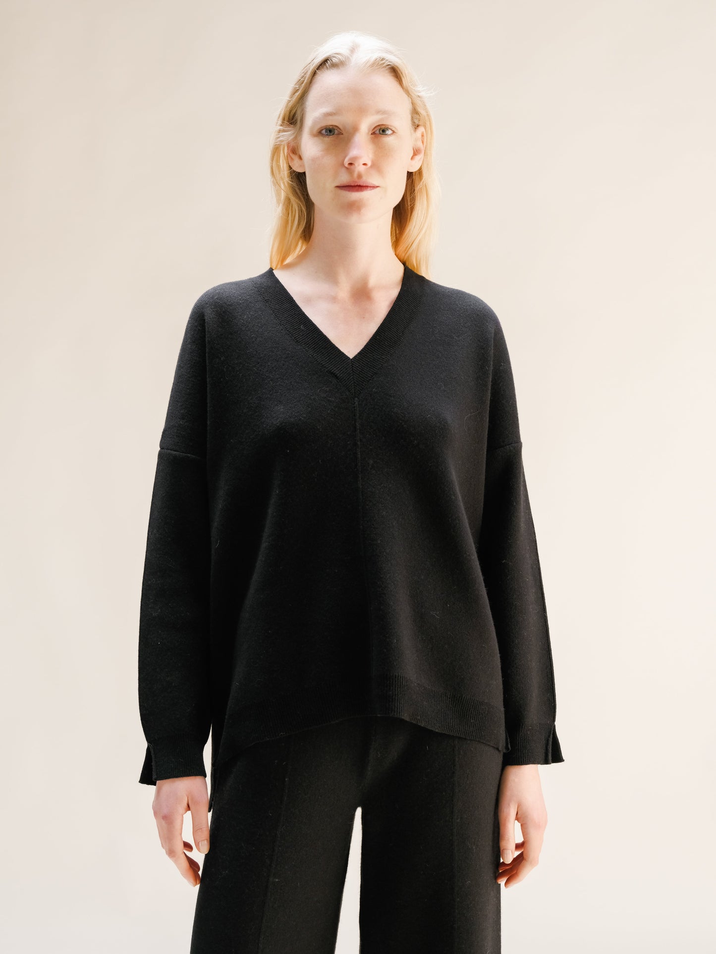 Cashmere Mix Solid Maxi V Neck with Side Slits