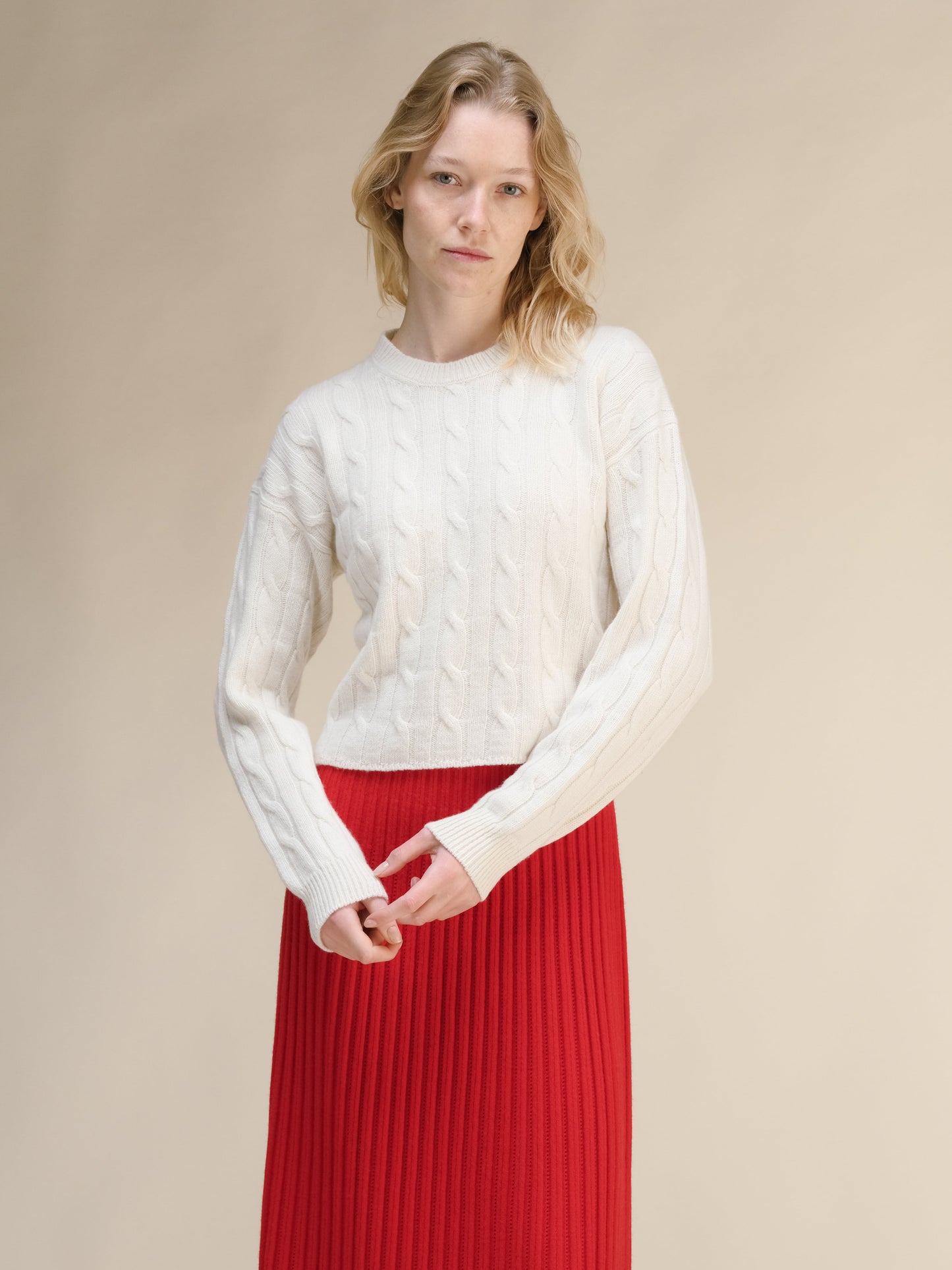 Cashmere Mix Cropped Cable Crewneck Sweater