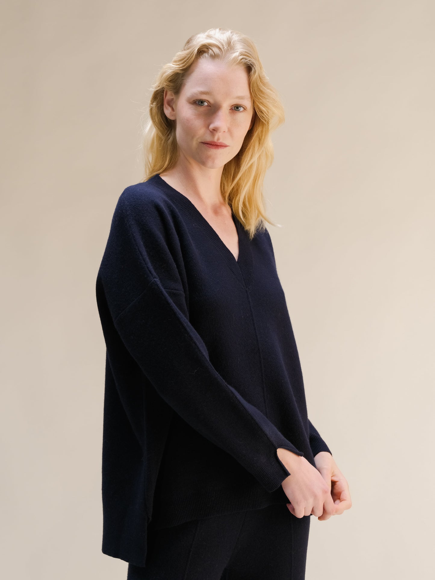 Cashmere Mix Solid Maxi V Neck with Side Slits