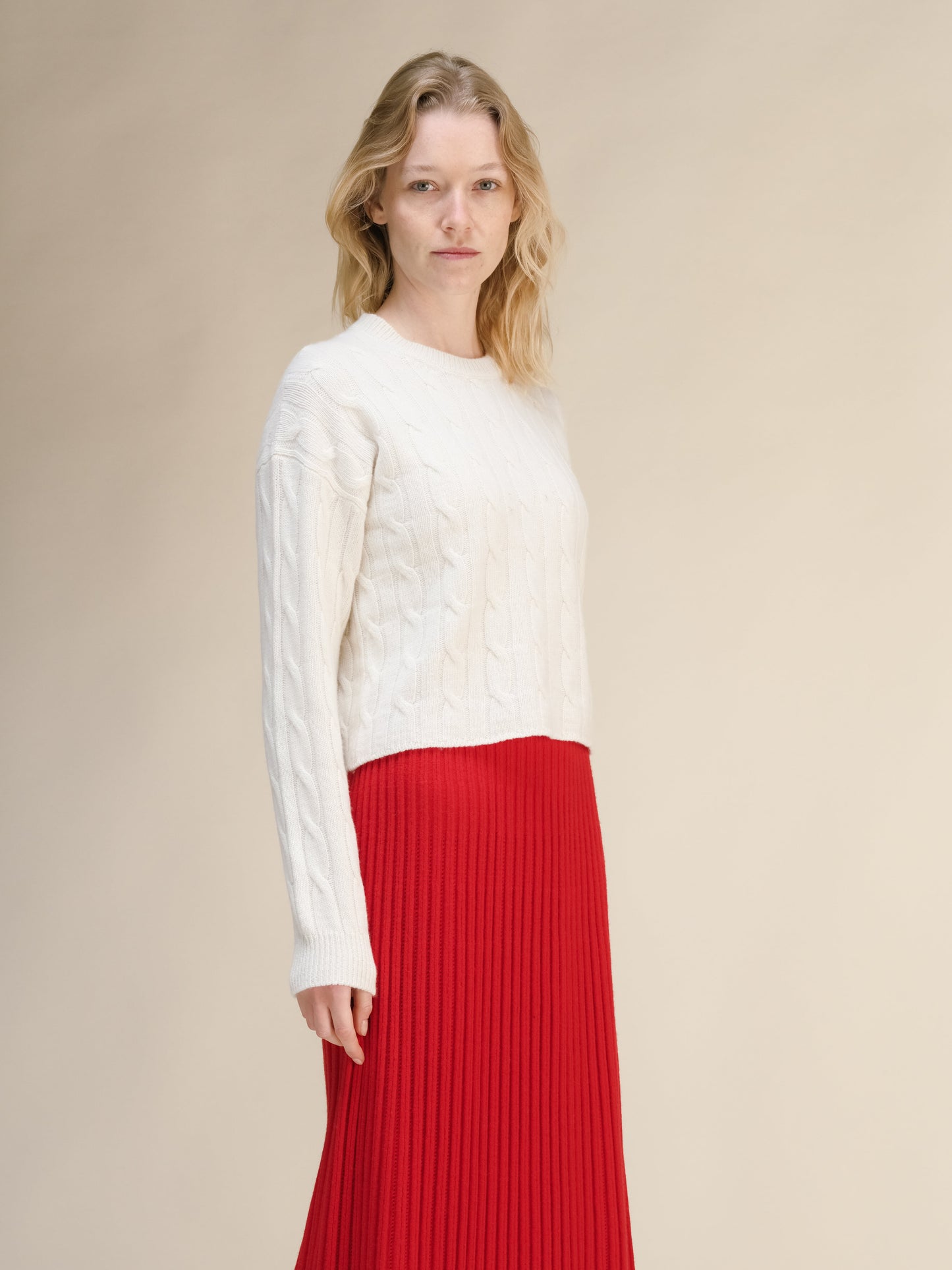 Cashmere Mix Cropped Cable Crewneck Sweater