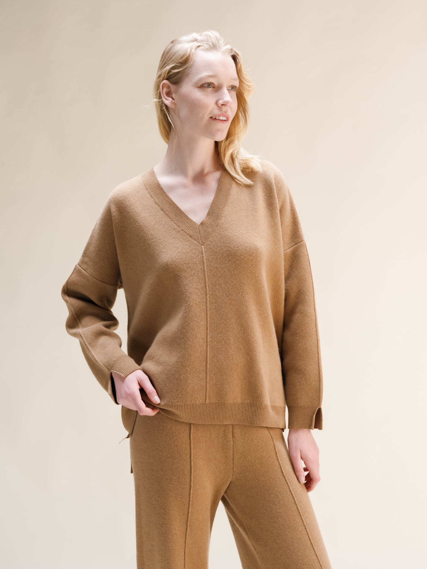 Cashmere Mix Solid Maxi V Neck with Side Slits