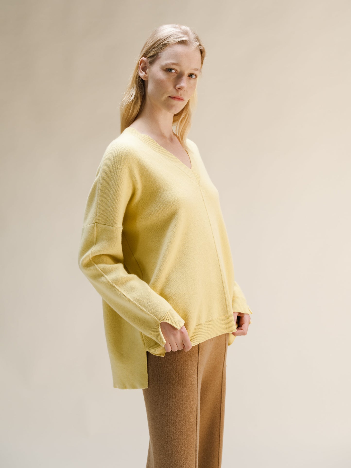 Cashmere Mix Solid Maxi V Neck with Side Slits